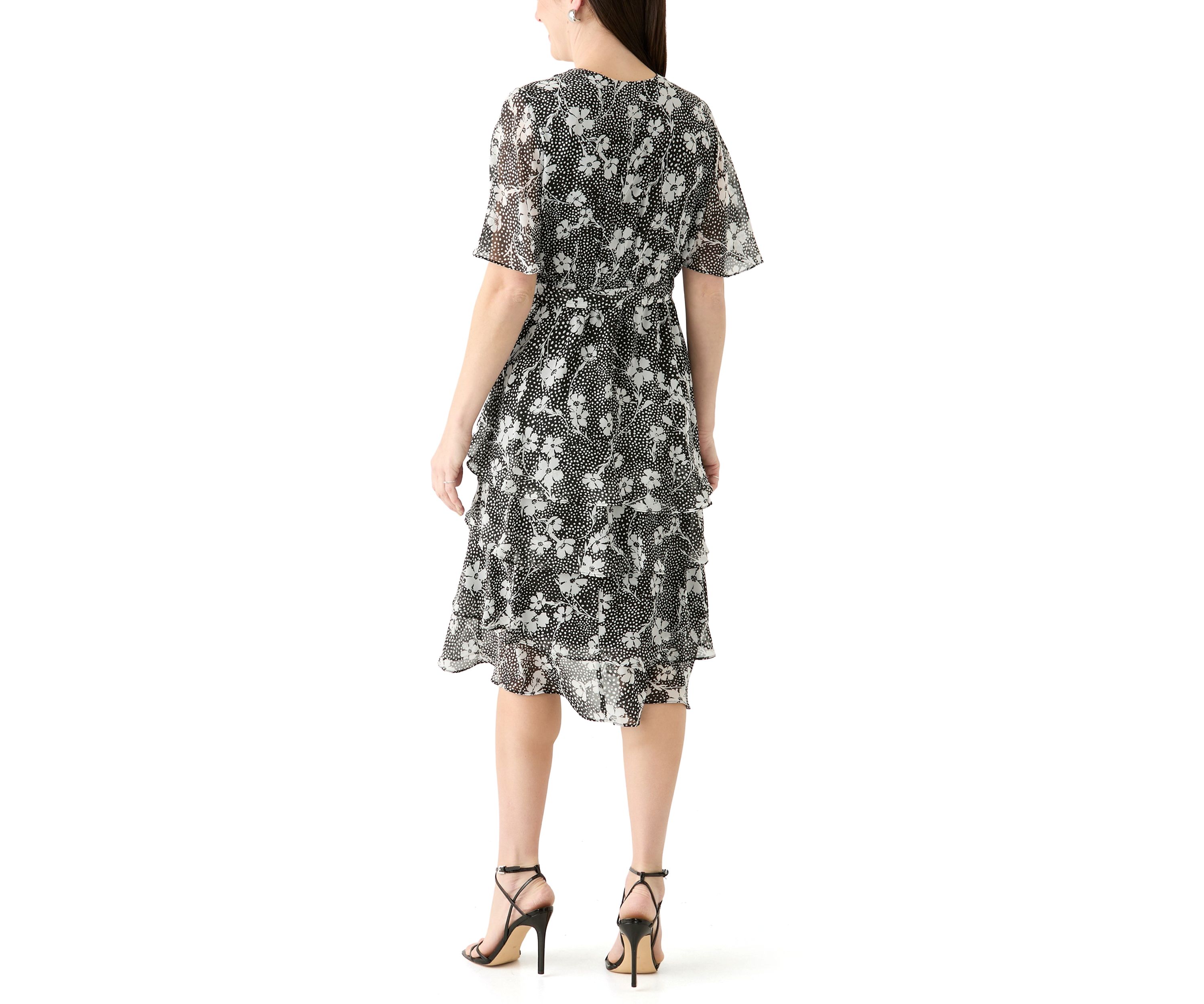 Womens Flutter Sleeve Ditsy Floral Chiffon Fit and Flare Dress