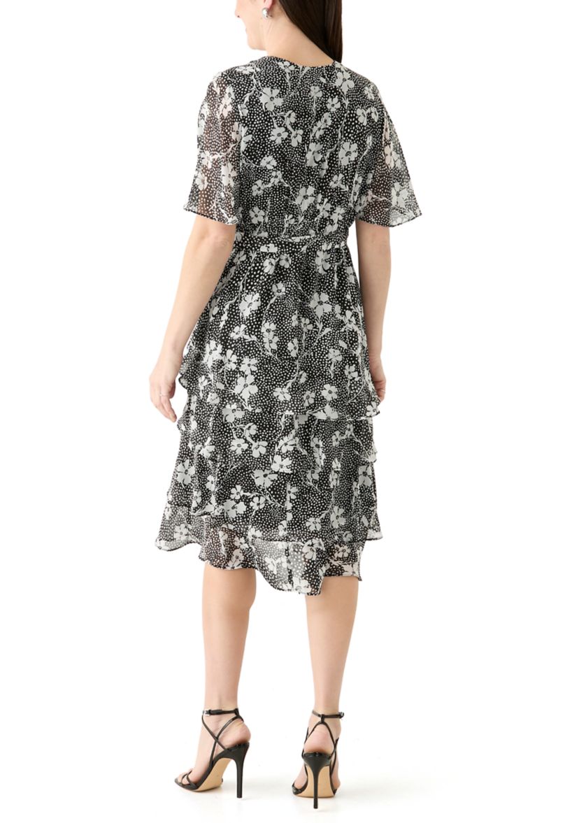 Womens Flutter Sleeve Ditsy Floral Chiffon Fit and Flare Dress
