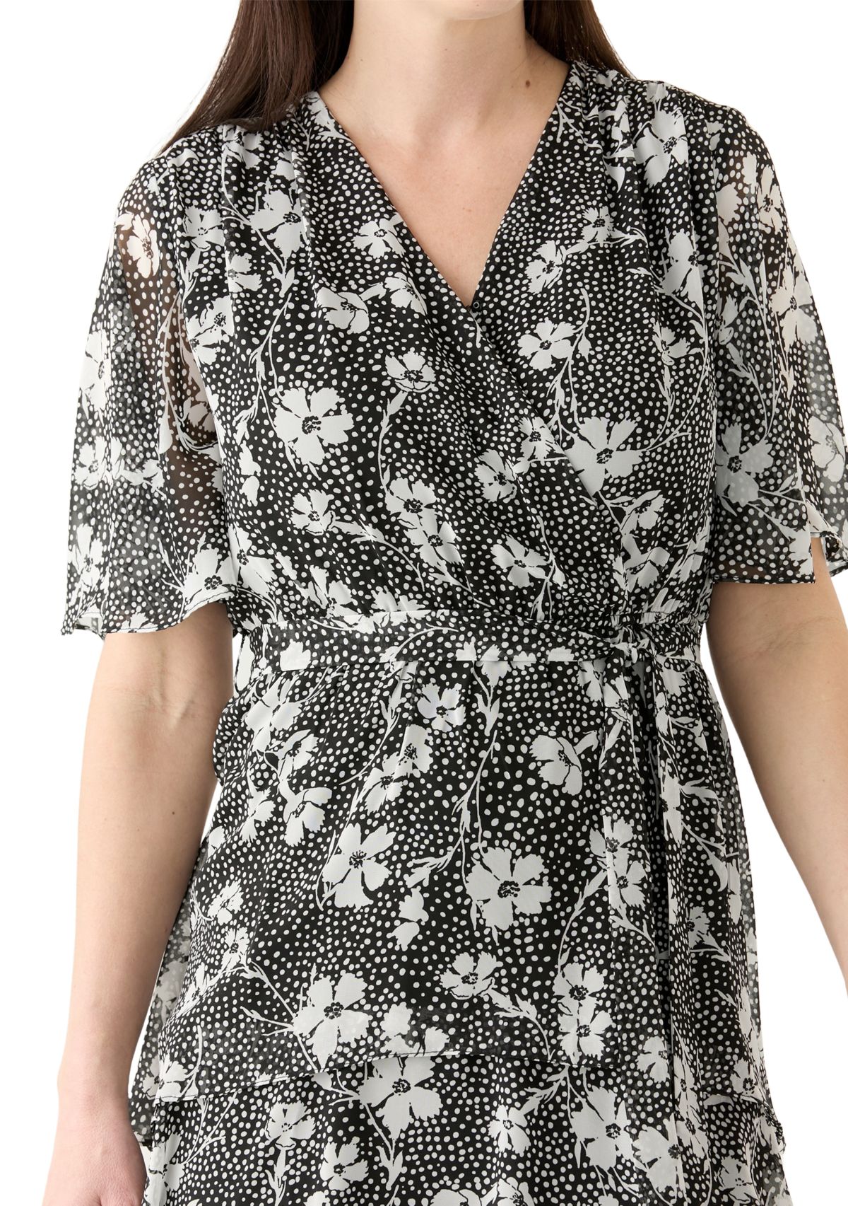Womens Flutter Sleeve Ditsy Floral Chiffon Fit and Flare Dress