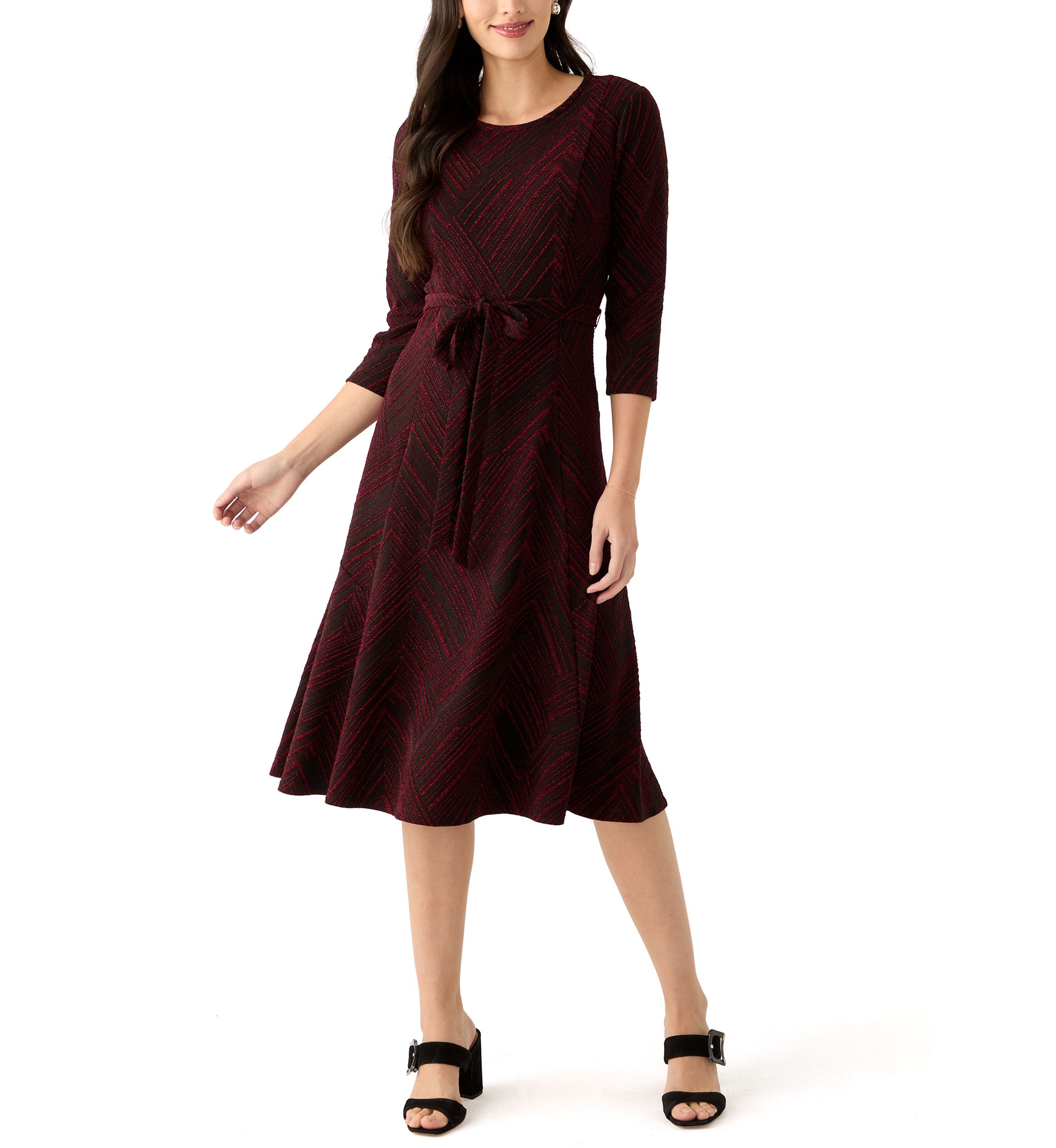 Womens 3/4 Sleeve Crew Neck Printed Tie Waist Glitter Fit and Flare Dress