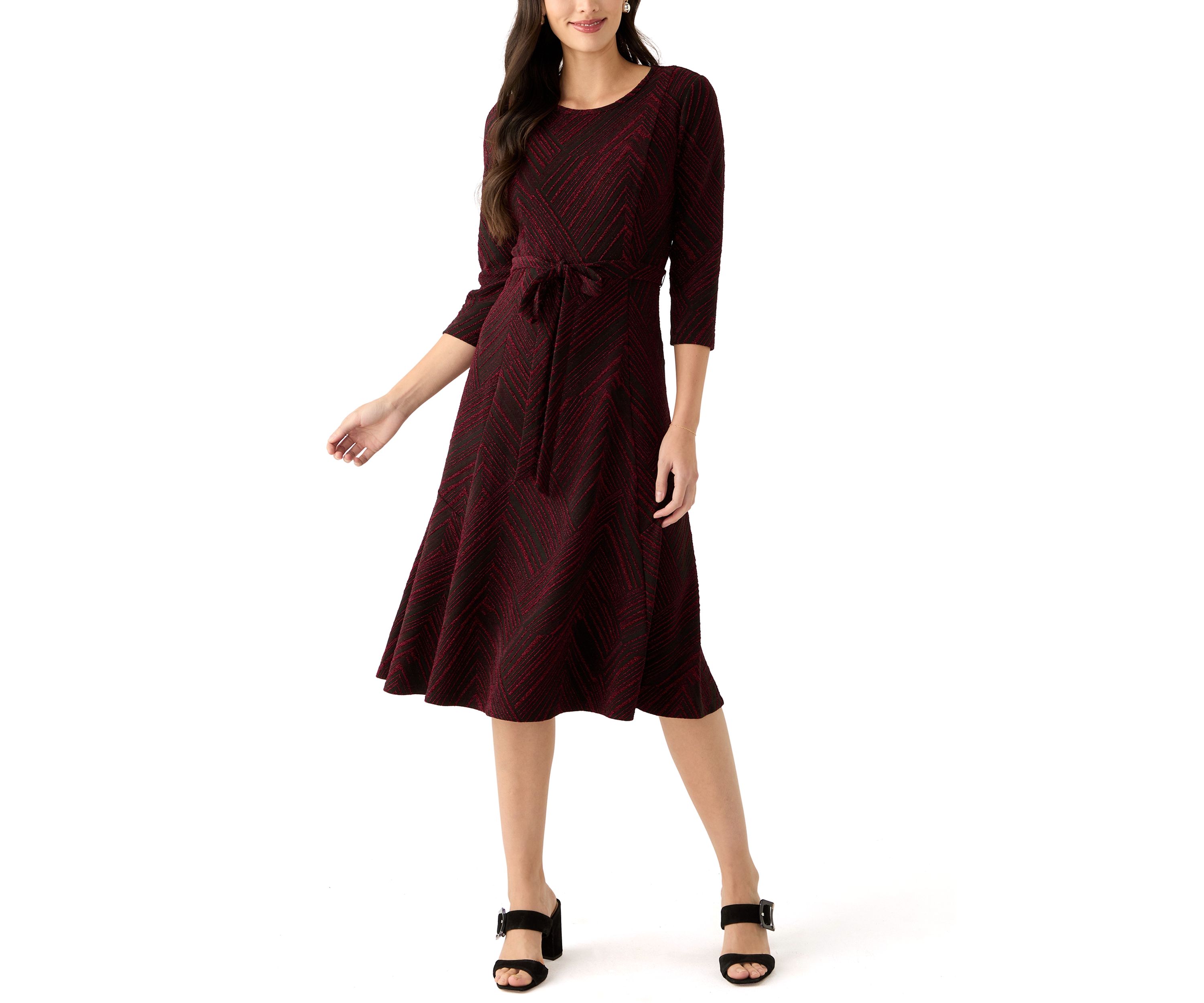 Womens 3/4 Sleeve Crew Neck Printed Tie Waist Glitter Fit and Flare Dress