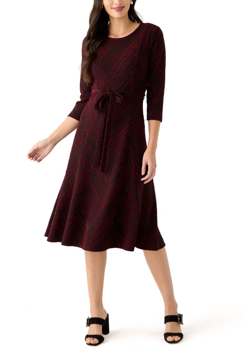 Womens 3/4 Sleeve Crew Neck Printed Tie Waist Glitter Fit and Flare Dress