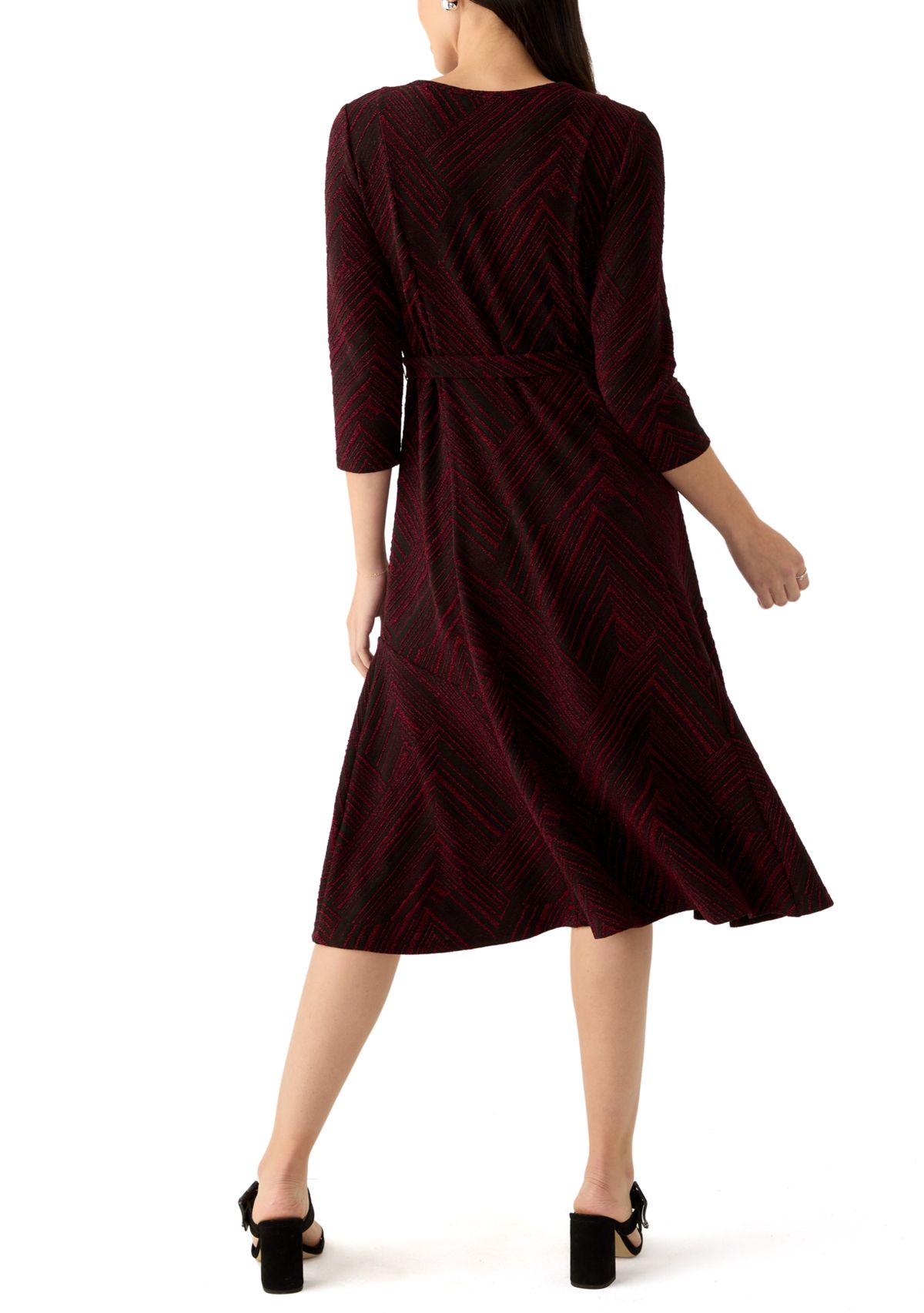 Womens 3/4 Sleeve Crew Neck Printed Tie Waist Glitter Fit and Flare Dress