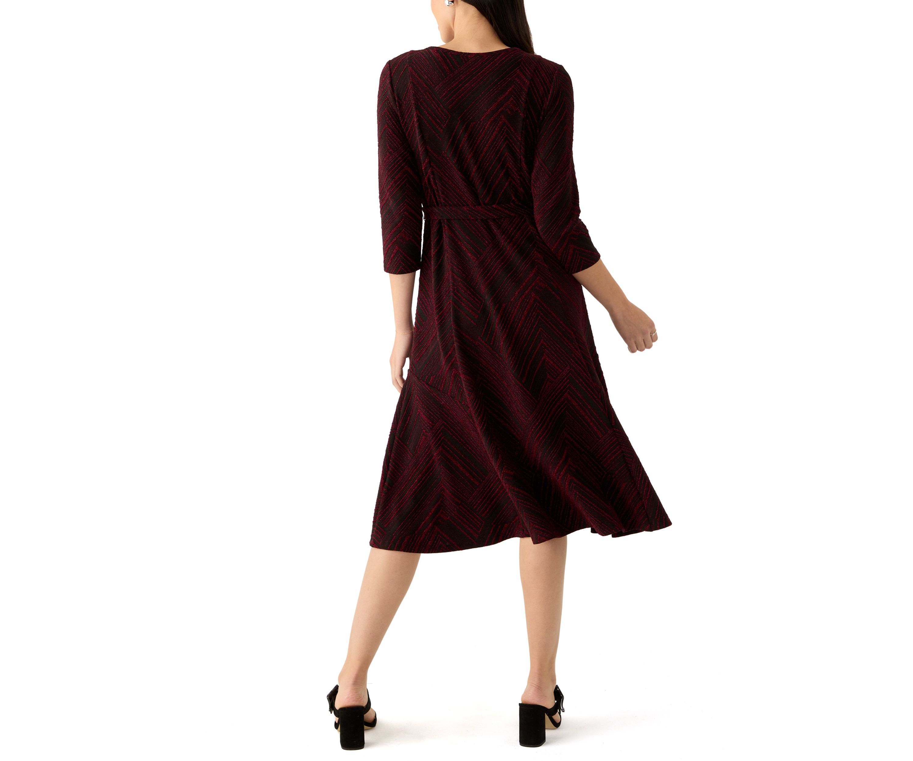 Womens 3/4 Sleeve Crew Neck Printed Tie Waist Glitter Fit and Flare Dress