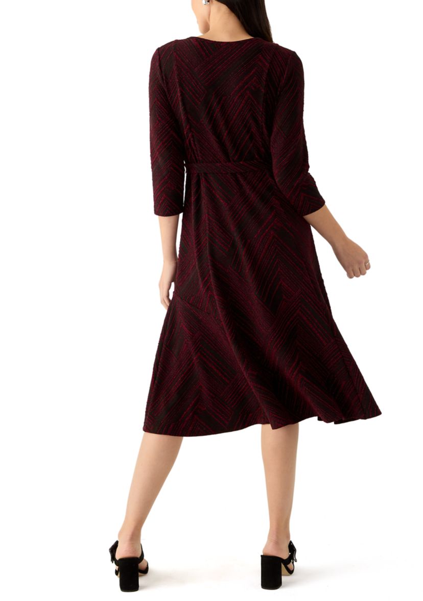 Womens 3/4 Sleeve Crew Neck Printed Tie Waist Glitter Fit and Flare Dress