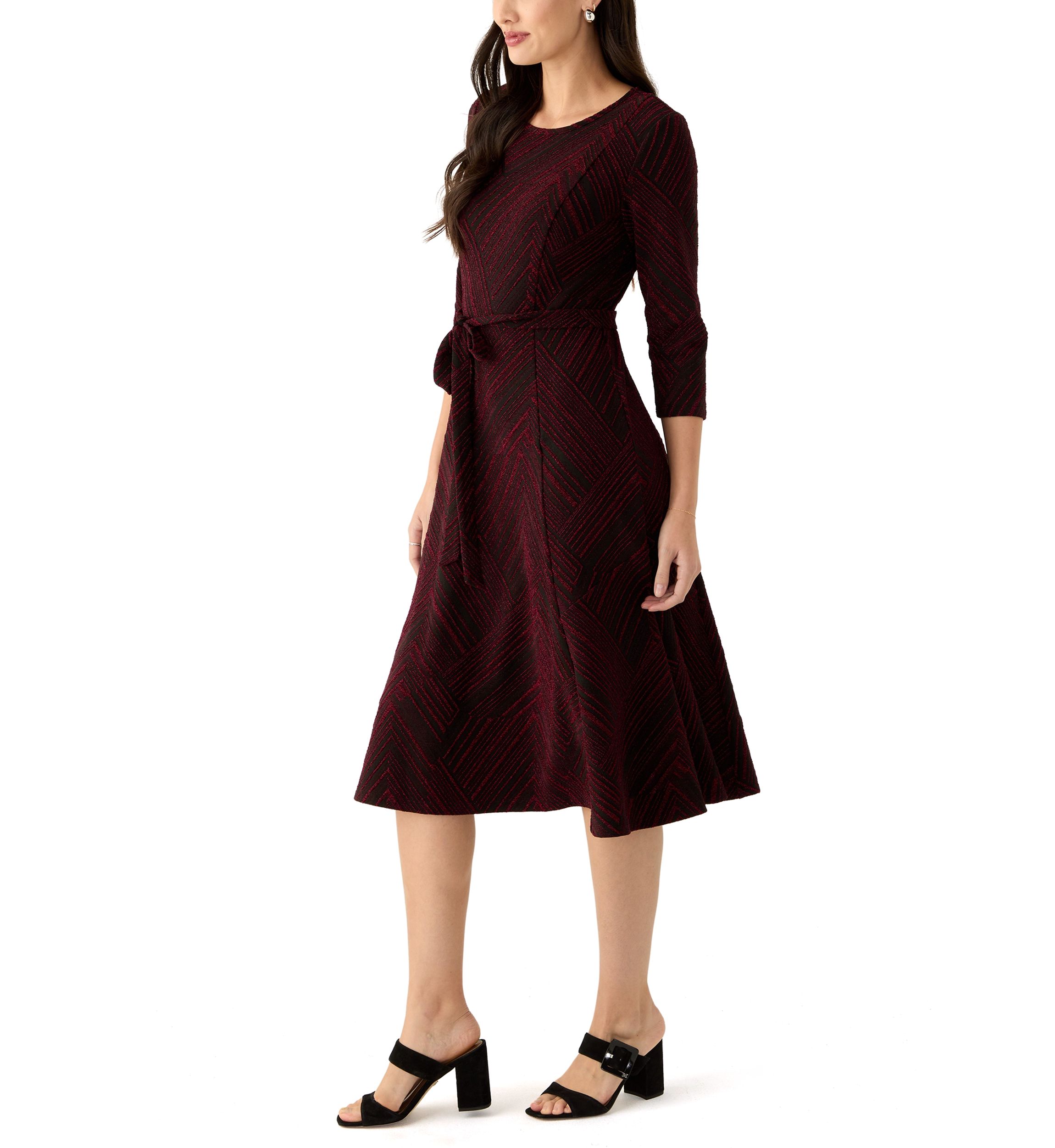 Womens 3/4 Sleeve Crew Neck Printed Tie Waist Glitter Fit and Flare Dress