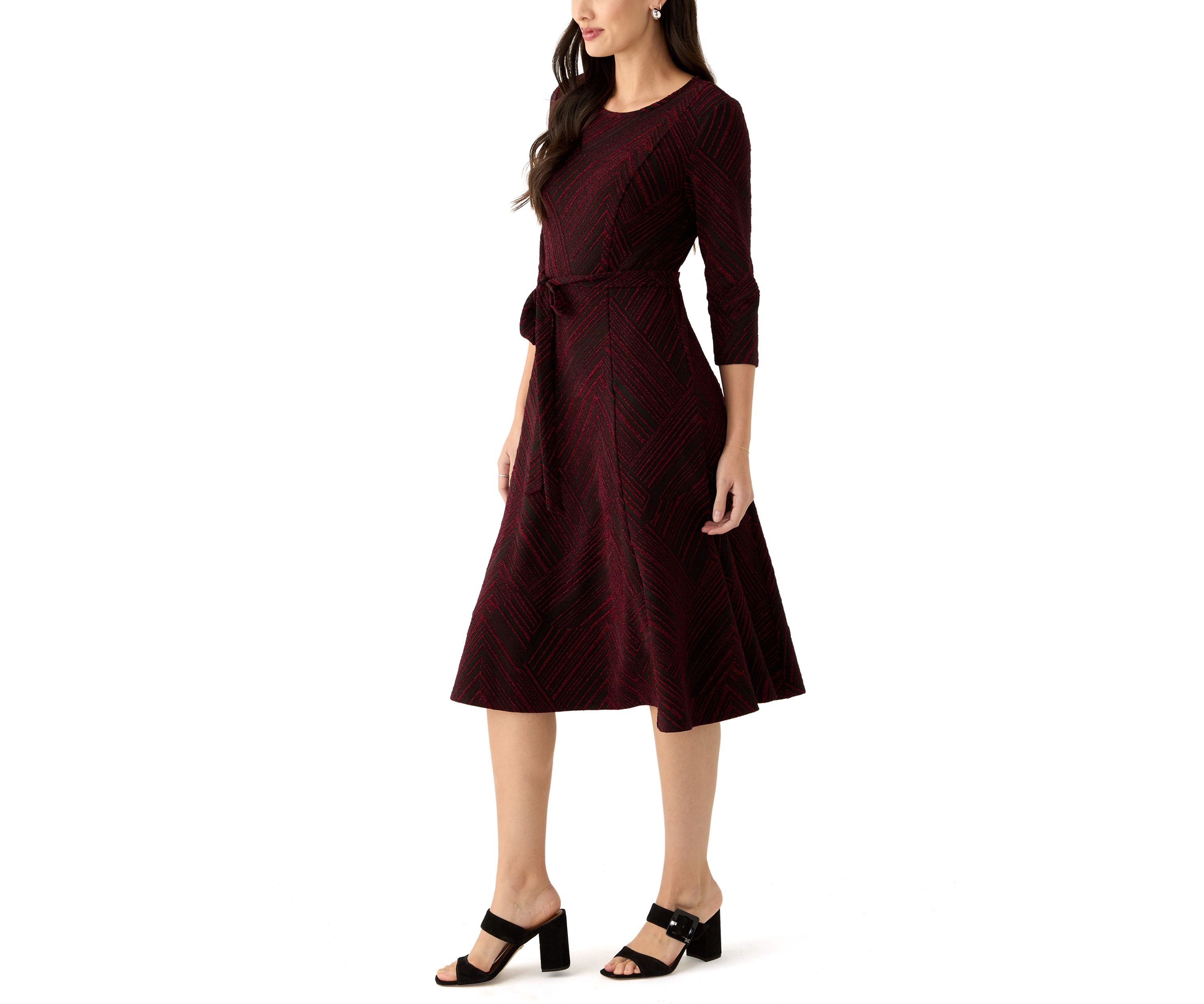Womens 3/4 Sleeve Crew Neck Printed Tie Waist Glitter Fit and Flare Dress
