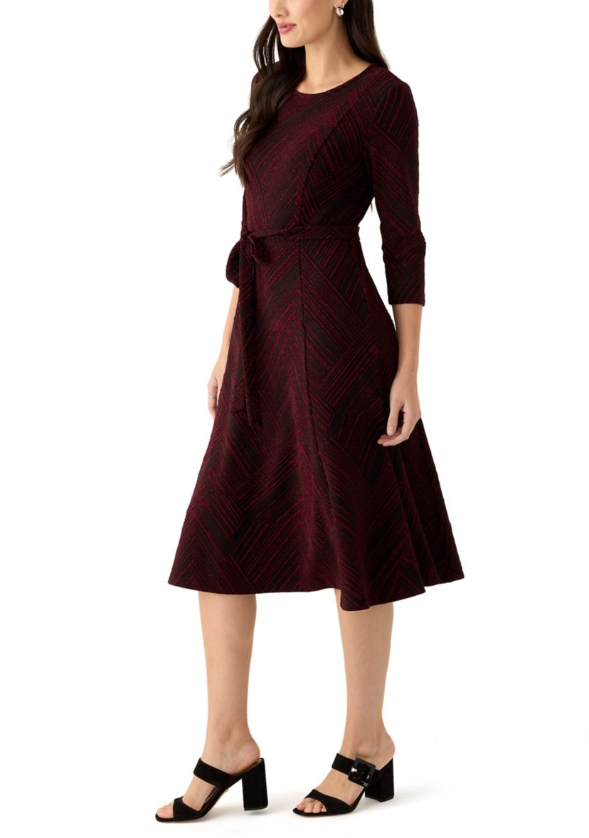 Womens 3/4 Sleeve Crew Neck Printed Tie Waist Glitter Fit and Flare Dress
