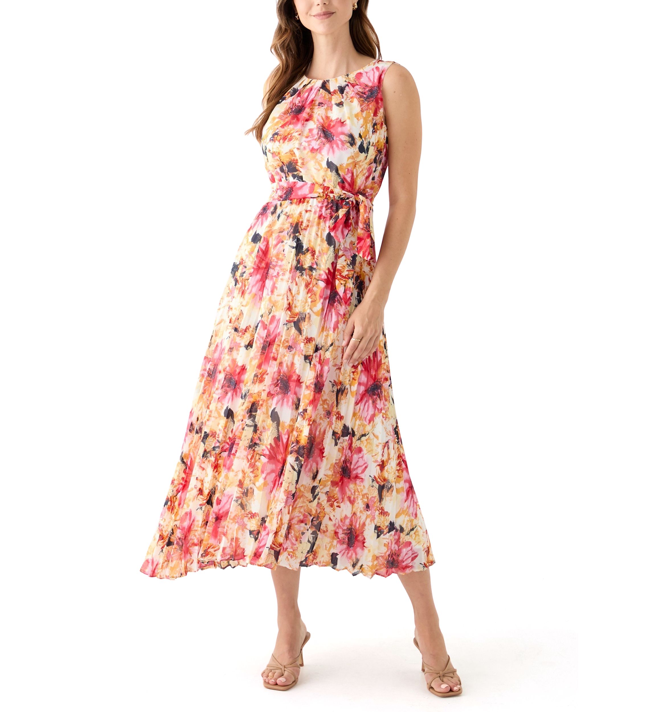 Womens Sleeveless Crew Neck Floral Print Chiffon Dress
