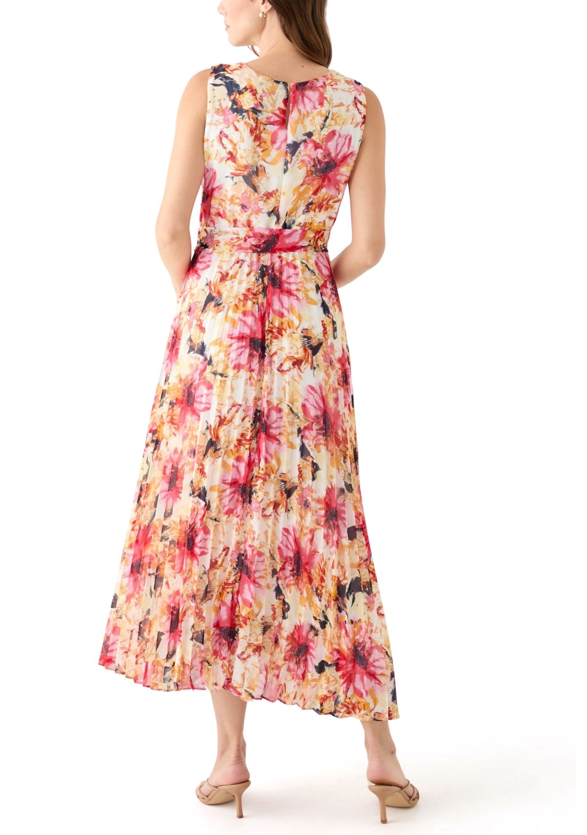 Womens Sleeveless Crew Neck Floral Print Chiffon Dress