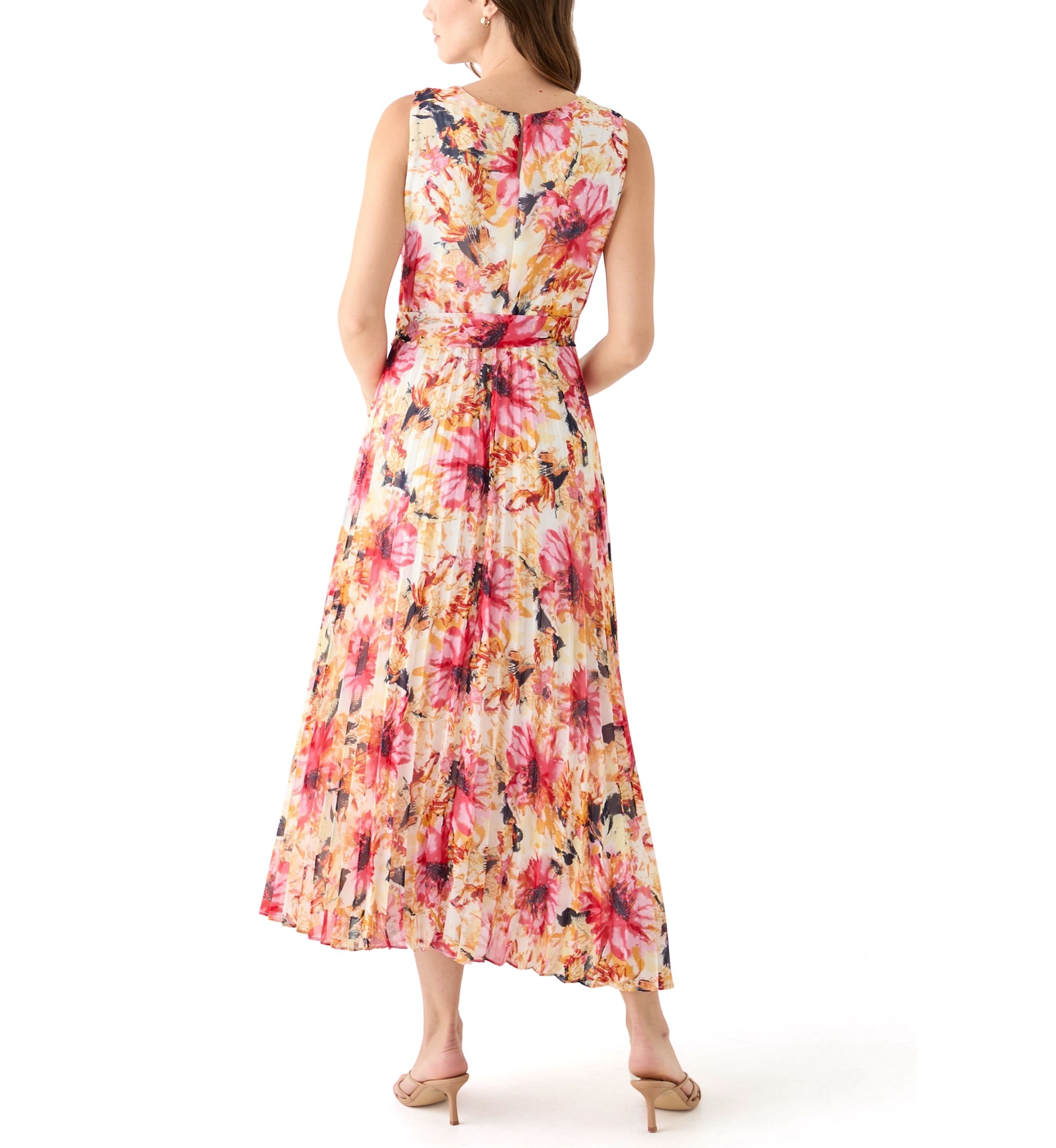 Womens Sleeveless Crew Neck Floral Print Chiffon Dress