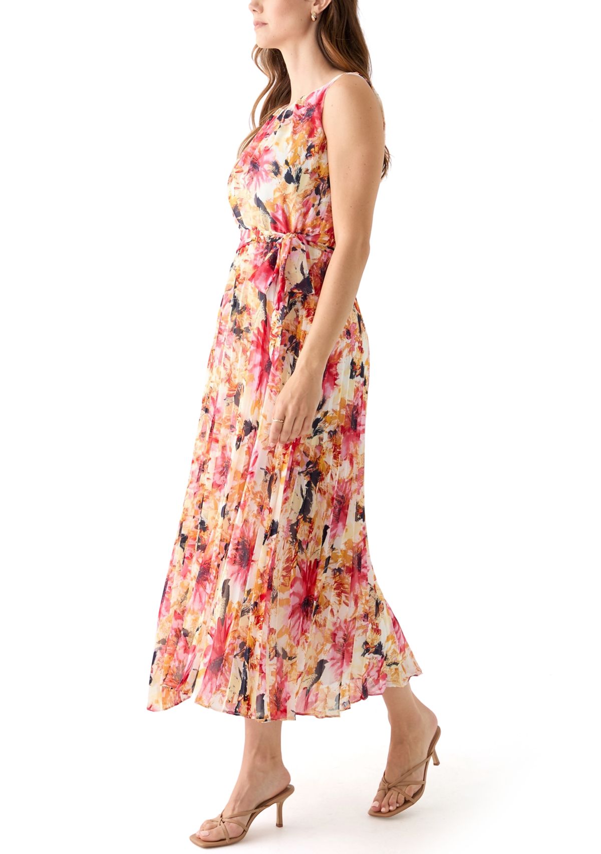 Womens Sleeveless Crew Neck Floral Print Chiffon Dress