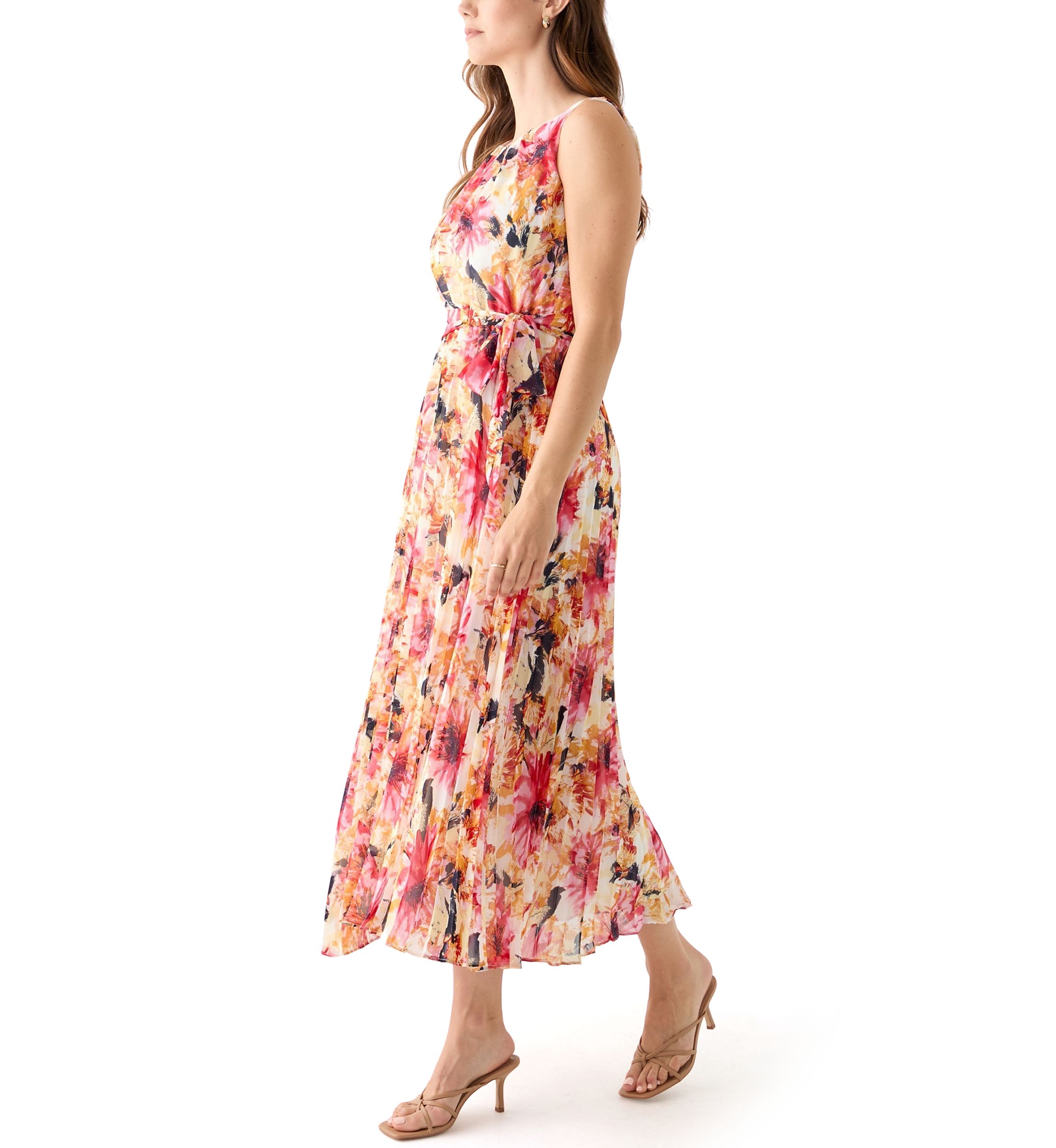Womens Sleeveless Crew Neck Floral Print Chiffon Dress
