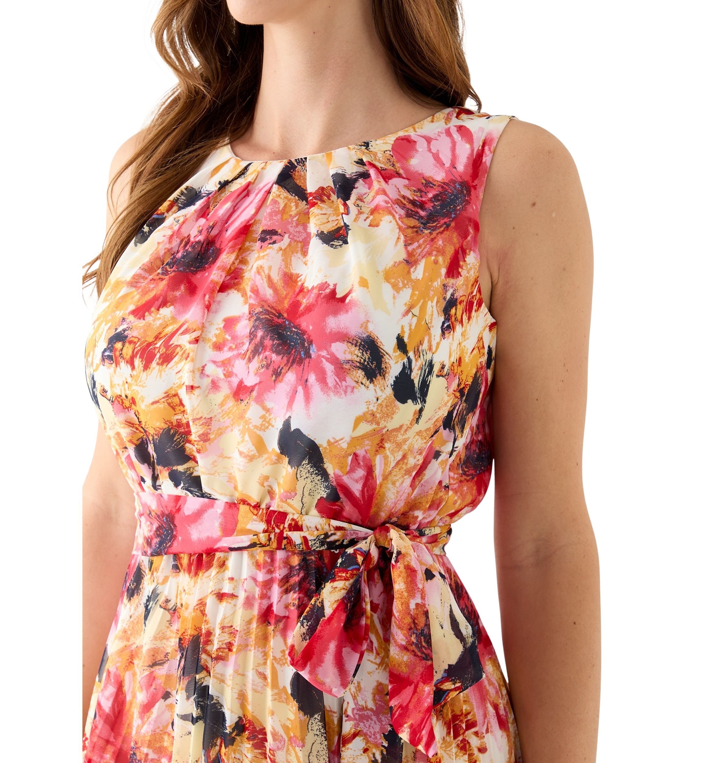 Womens Sleeveless Crew Neck Floral Print Chiffon Dress