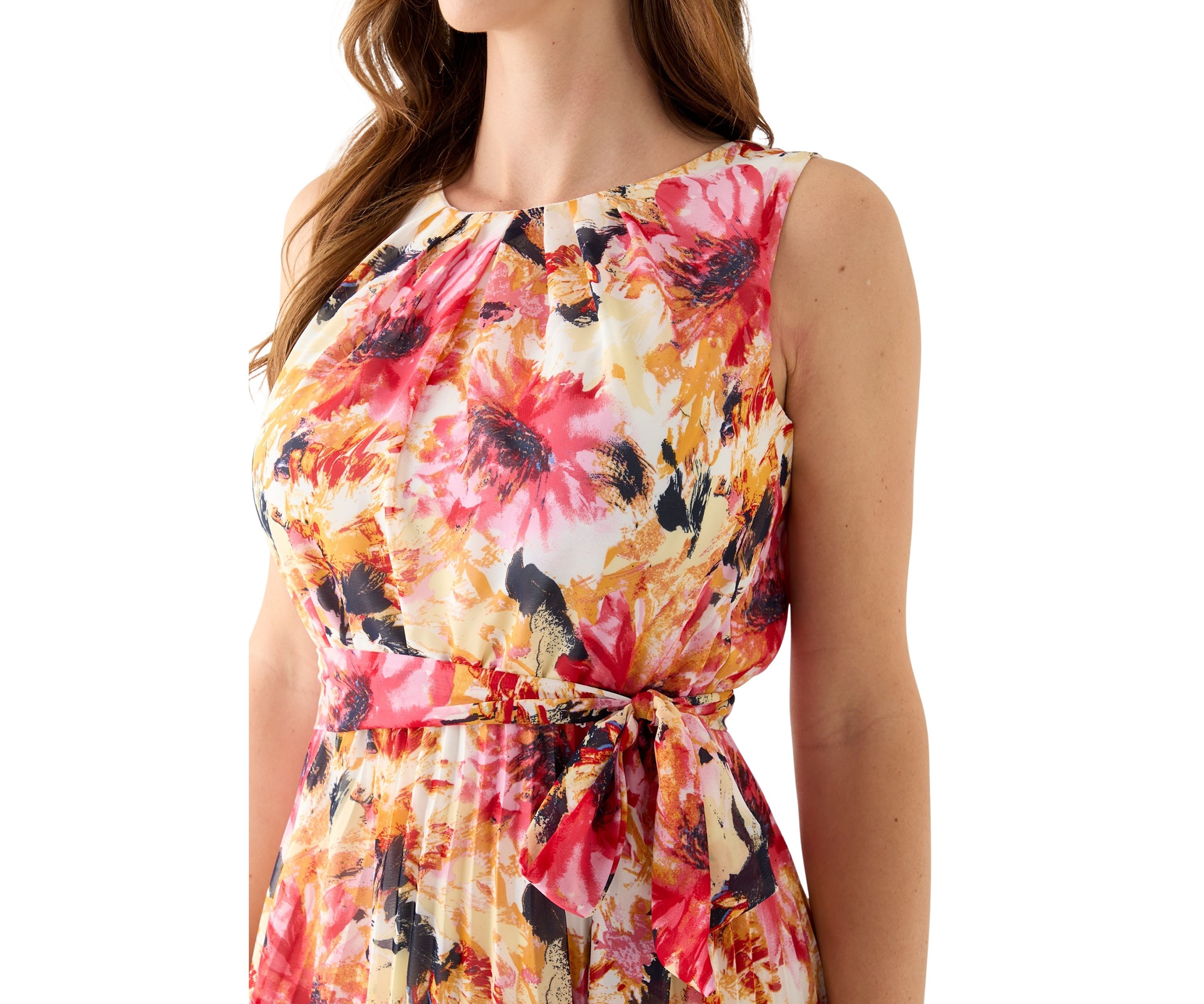Womens Sleeveless Crew Neck Floral Print Chiffon Dress