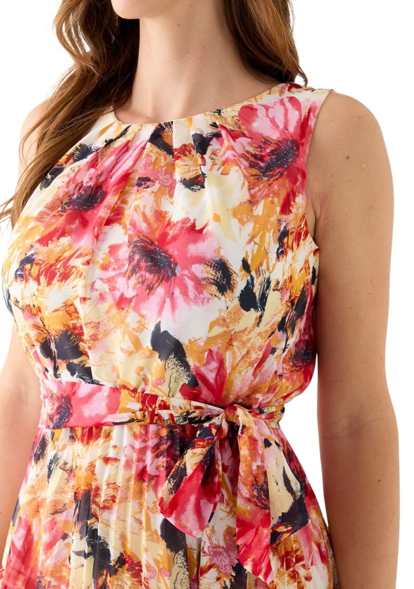 Womens Sleeveless Crew Neck Floral Print Chiffon Dress