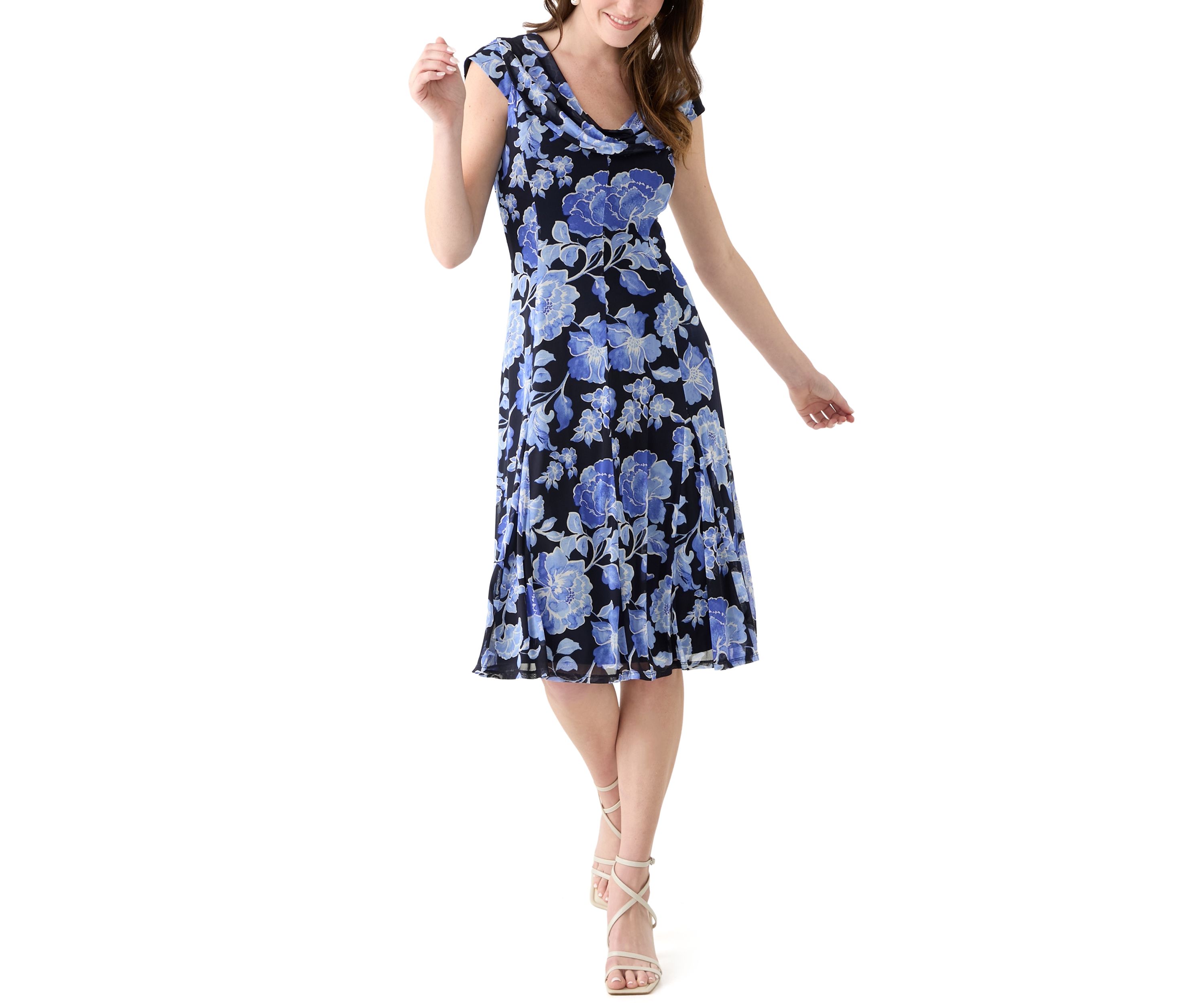 Womens Cap Sleeve Boat Neck Printed Mesh Fit and Flare Dress