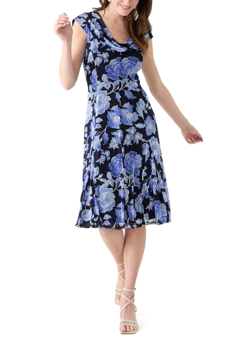 Womens Cap Sleeve Boat Neck Printed Mesh Fit and Flare Dress
