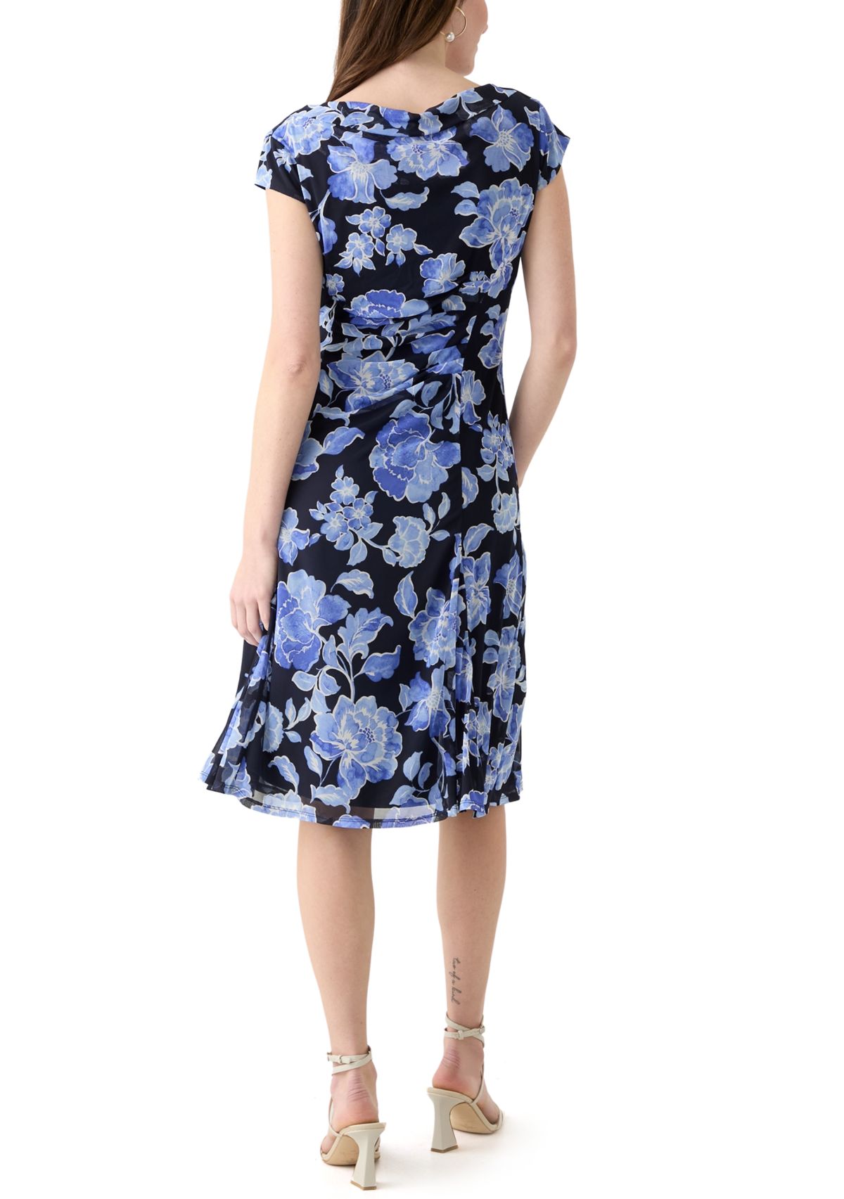 Womens Cap Sleeve Boat Neck Printed Mesh Fit and Flare Dress