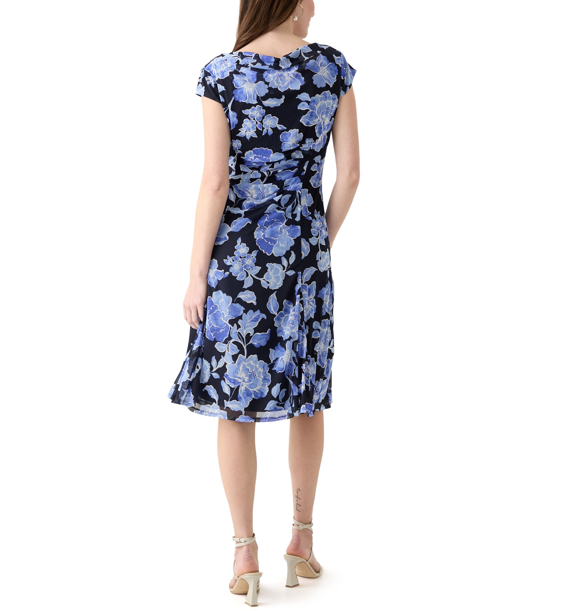 Womens Cap Sleeve Boat Neck Printed Mesh Fit and Flare Dress
