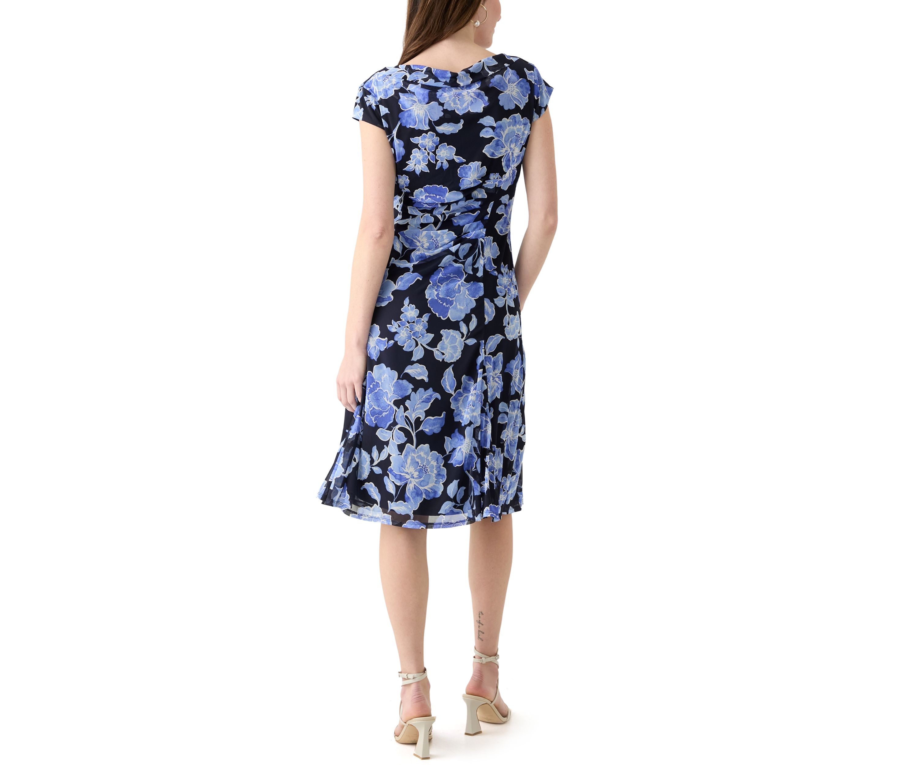 Womens Cap Sleeve Boat Neck Printed Mesh Fit and Flare Dress