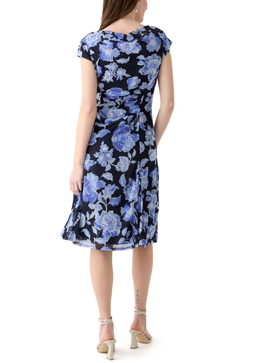 Womens Cap Sleeve Boat Neck Printed Mesh Fit and Flare Dress