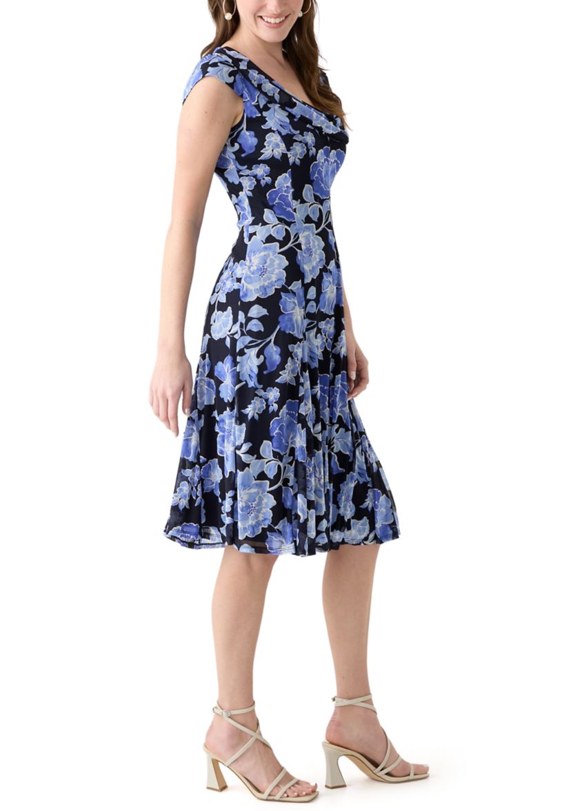 Womens Cap Sleeve Boat Neck Printed Mesh Fit and Flare Dress