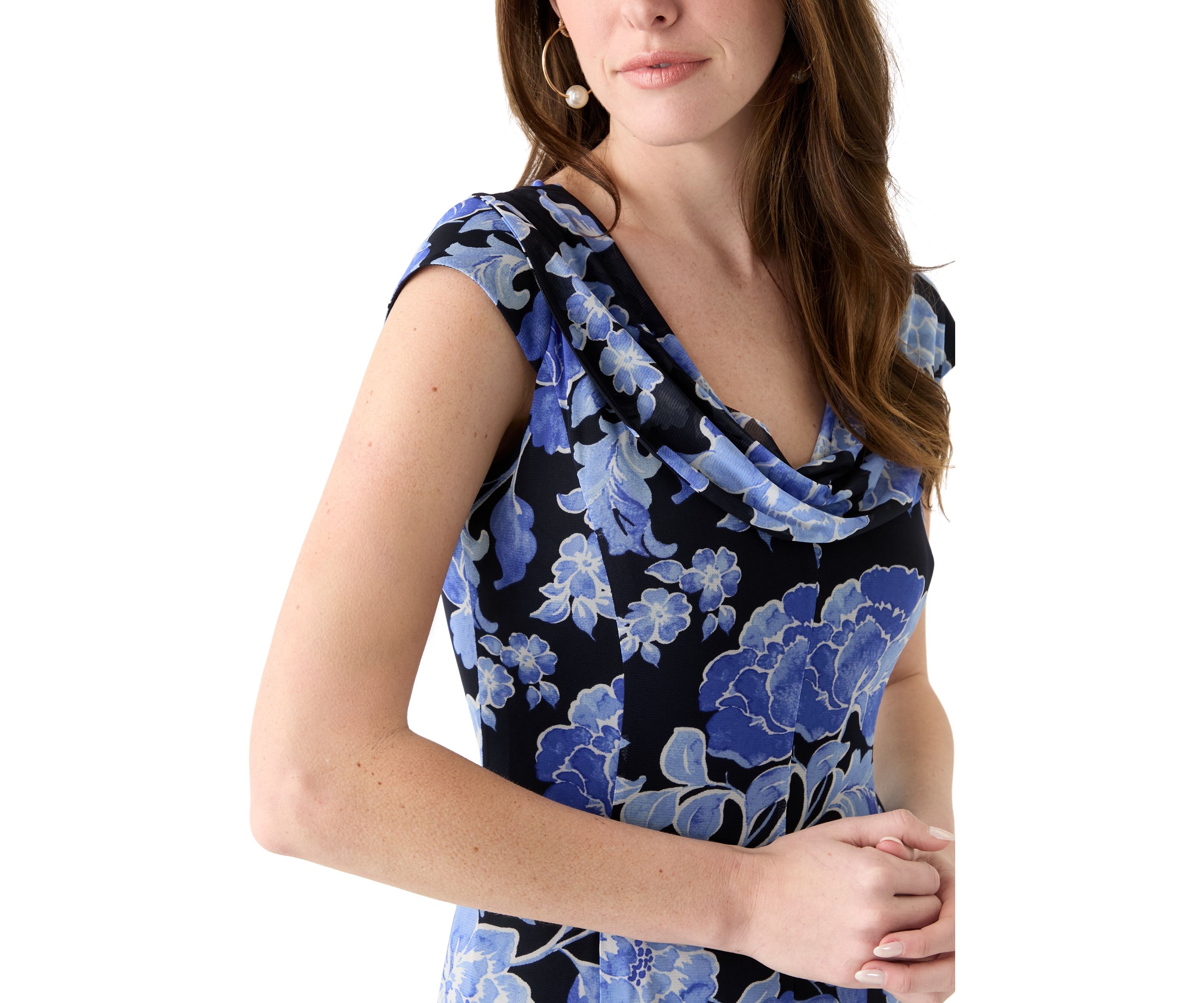 Womens Cap Sleeve Boat Neck Printed Mesh Fit and Flare Dress
