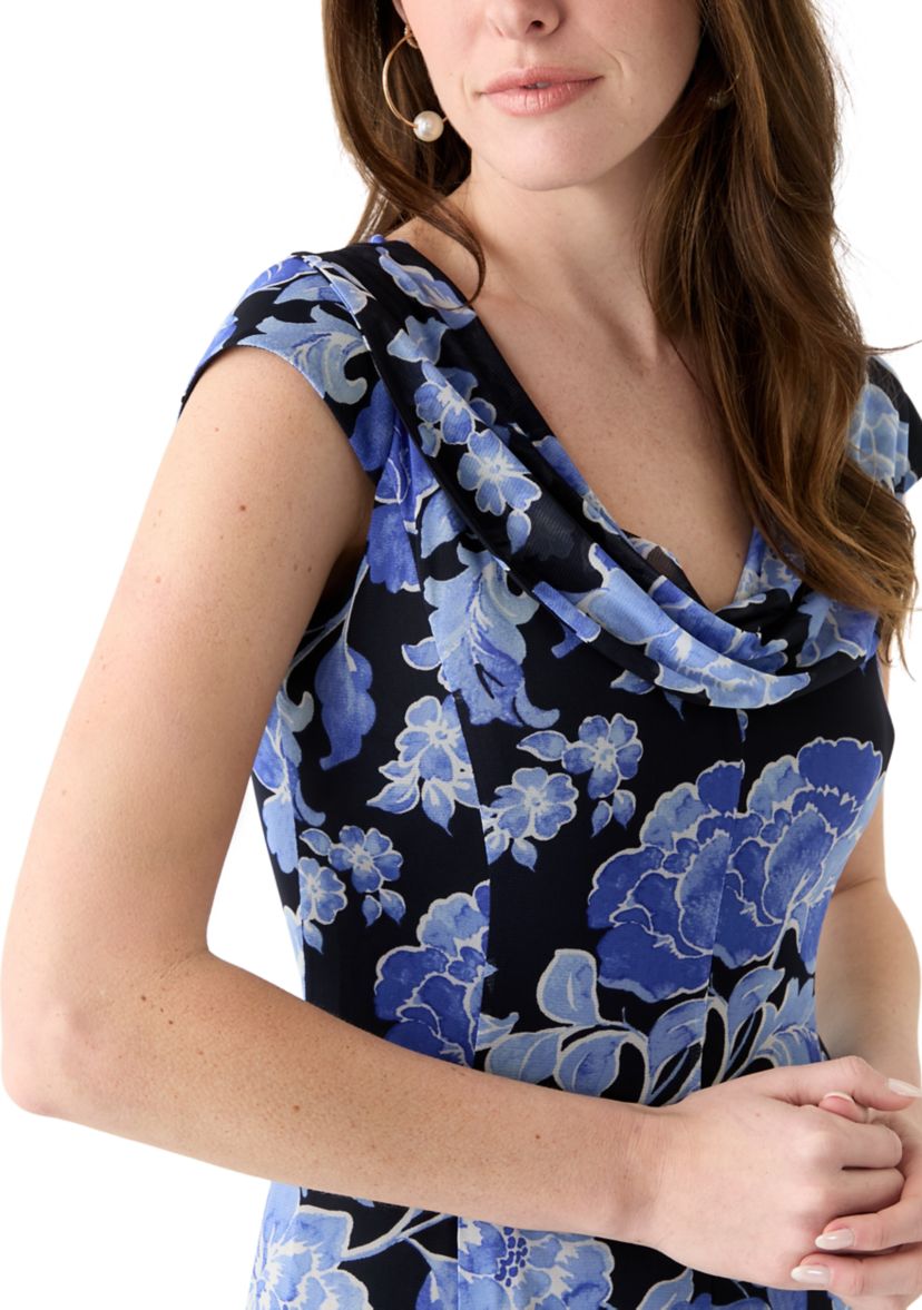 Womens Cap Sleeve Boat Neck Printed Mesh Fit and Flare Dress
