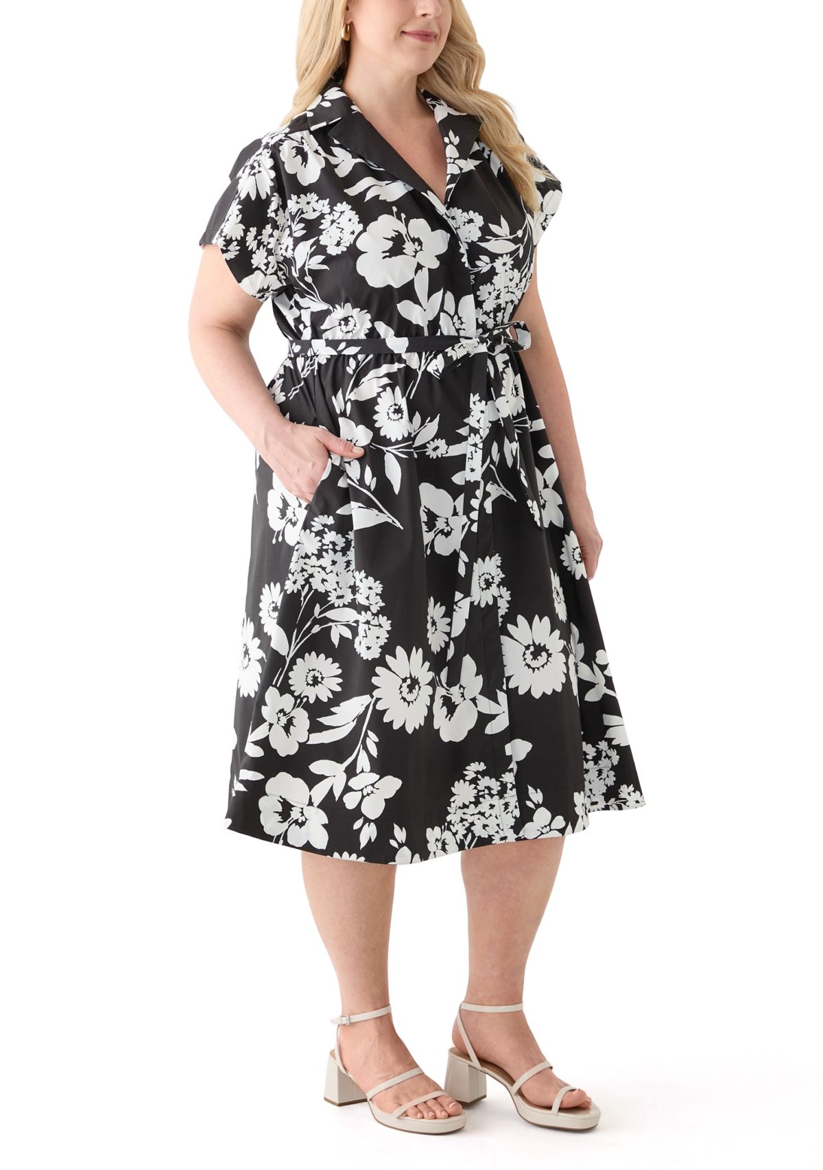 Plus Size Cap Sleeve V-Neck Floral Print Dress