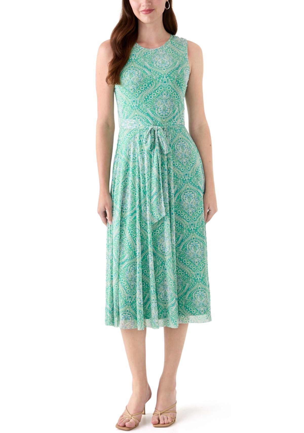 Womens Printed Sleeveless Mesh Midi Dress