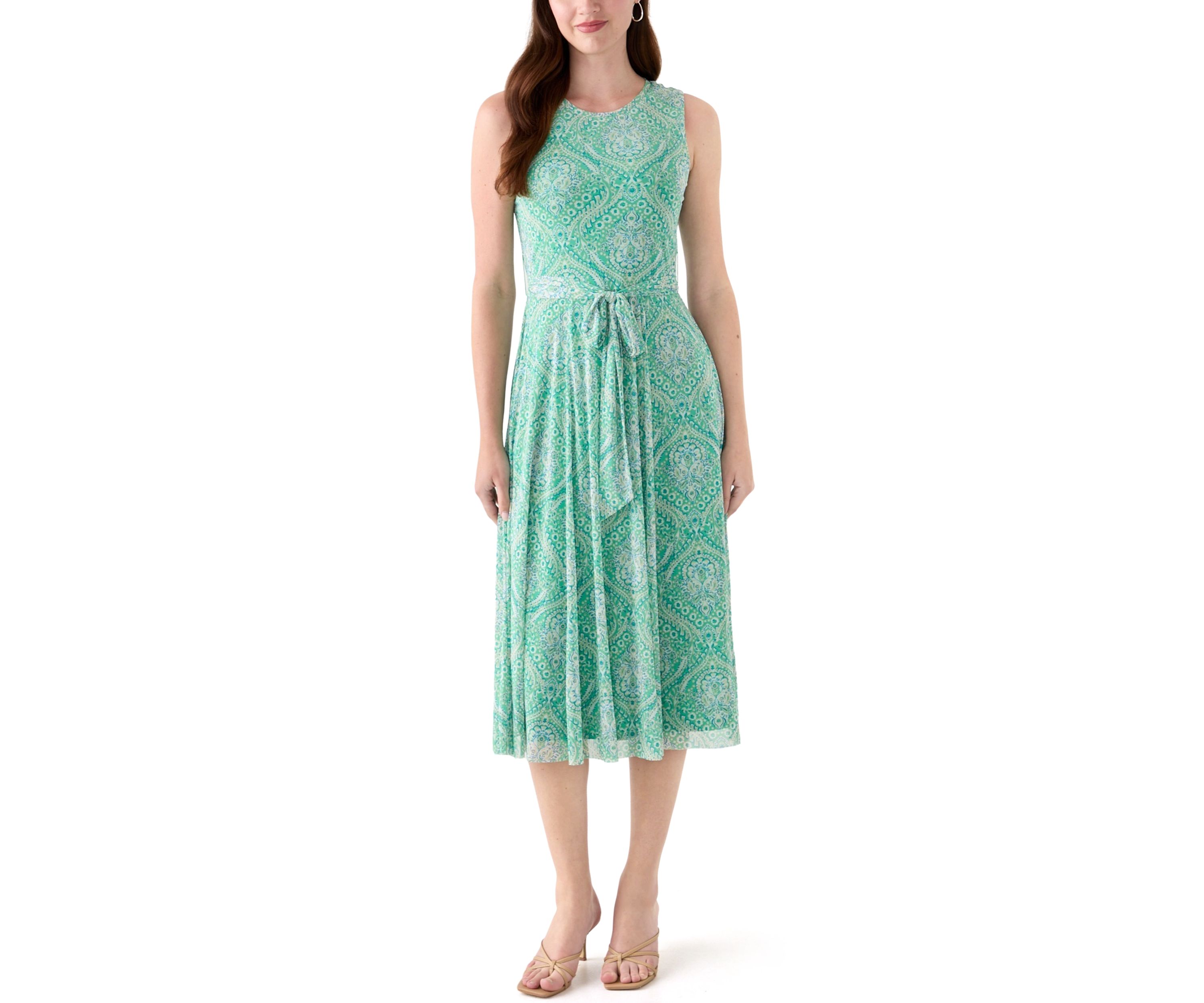 Womens Printed Sleeveless Mesh Midi Dress