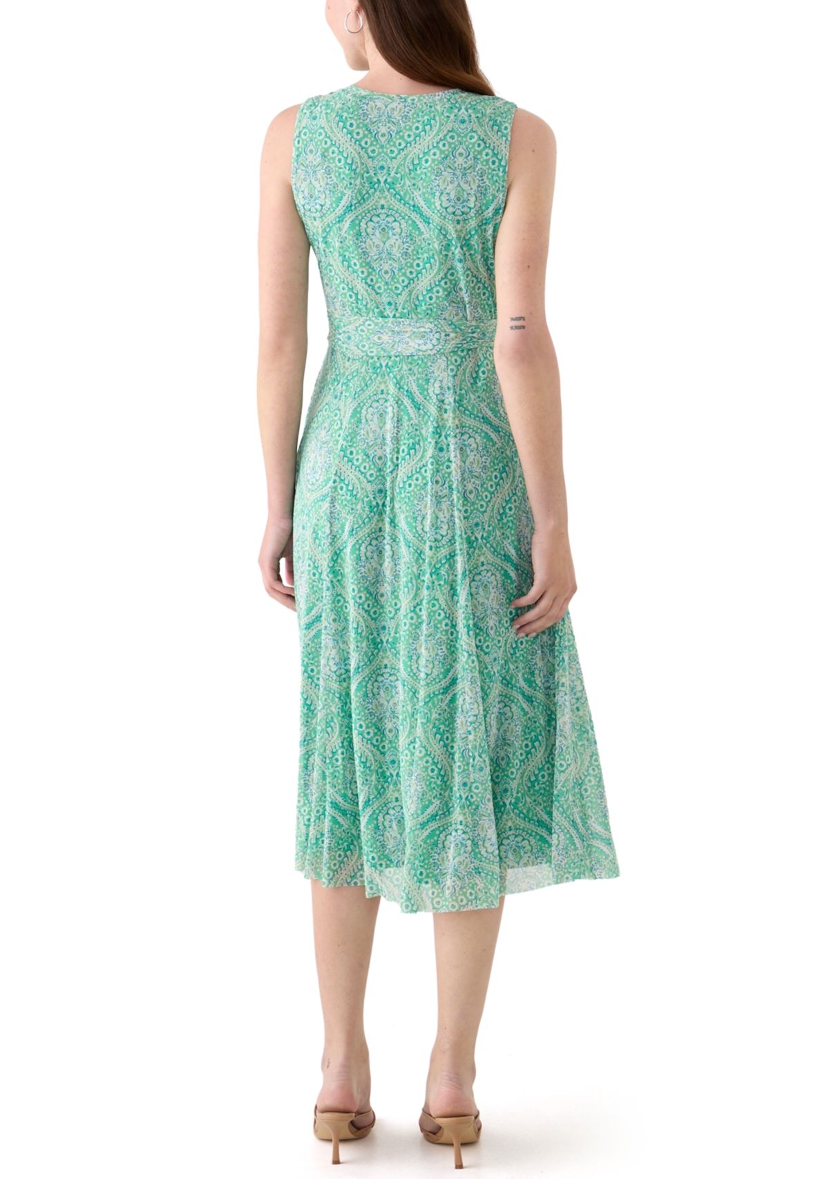 Womens Printed Sleeveless Mesh Midi Dress