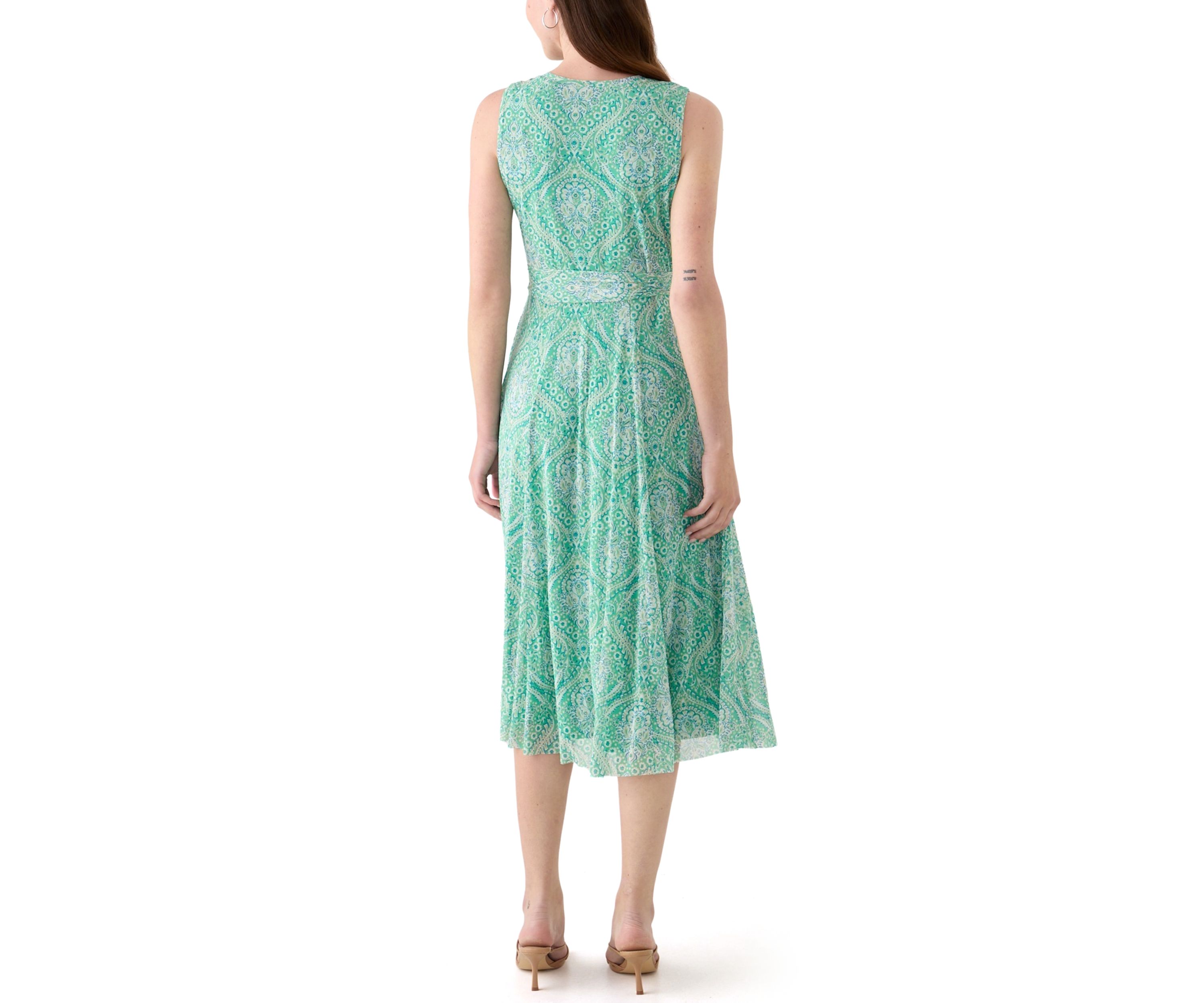 Womens Printed Sleeveless Mesh Midi Dress