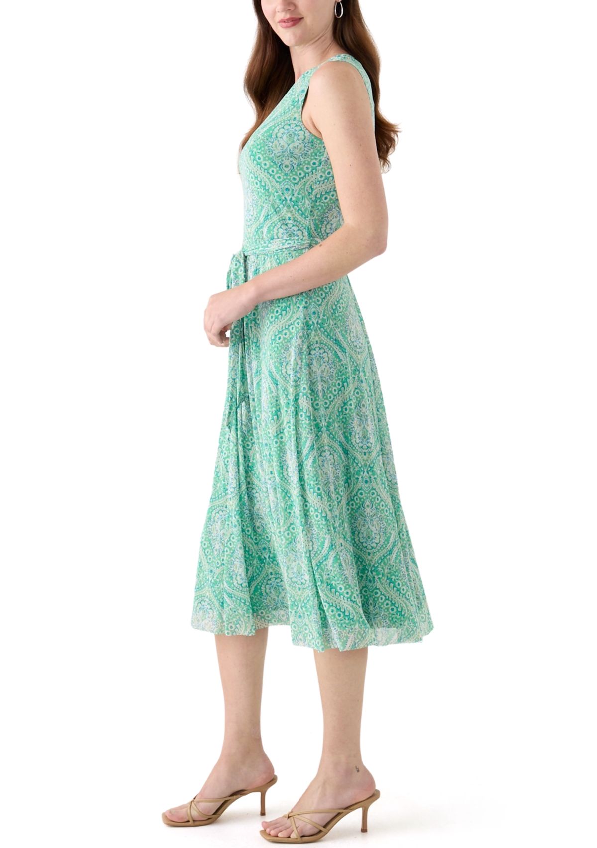 Womens Printed Sleeveless Mesh Midi Dress