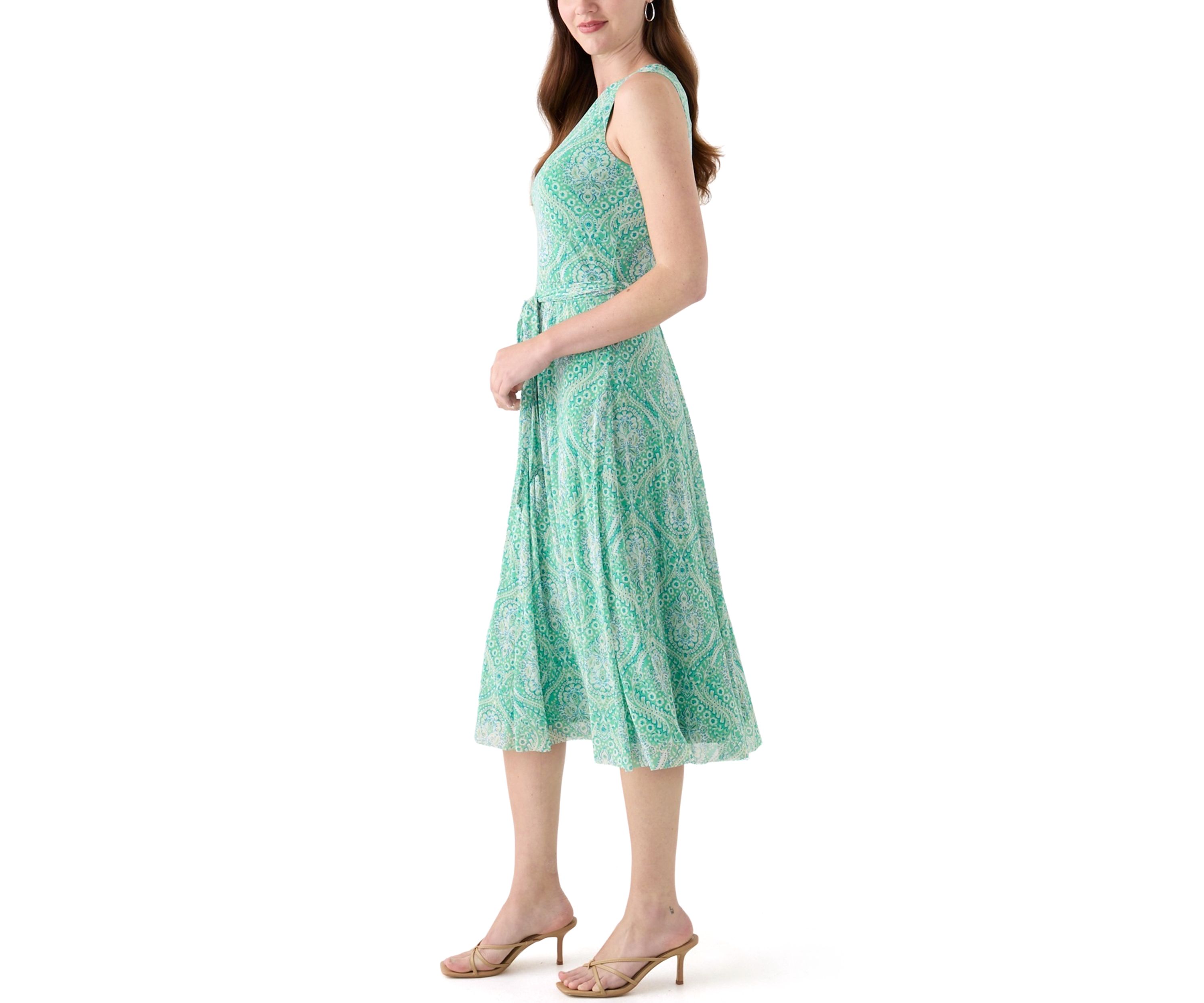 Womens Printed Sleeveless Mesh Midi Dress