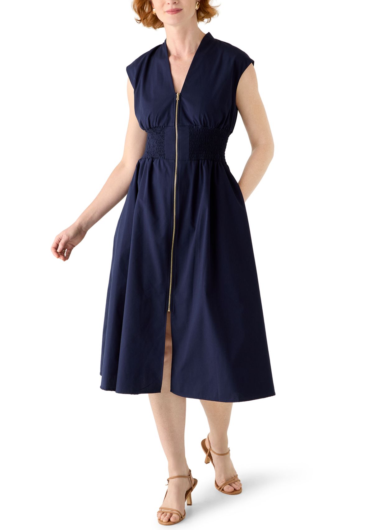 Womens Sleeveless Zipper Front Midi Dress