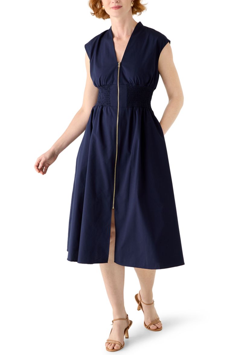 Womens Sleeveless Zipper Front Midi Dress