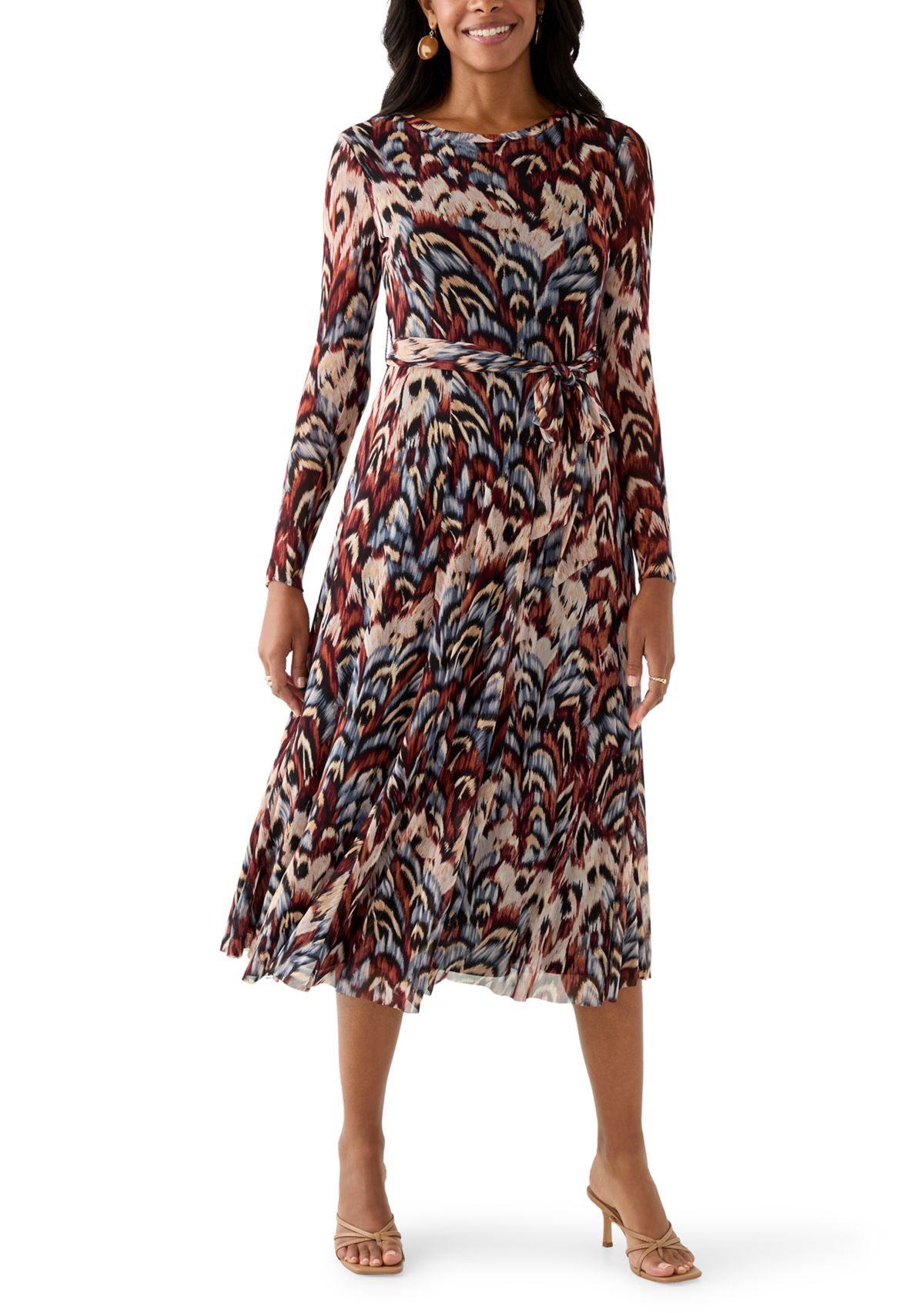 Womens Long Sleeve Crew Neck Printed Mesh Midi Dress