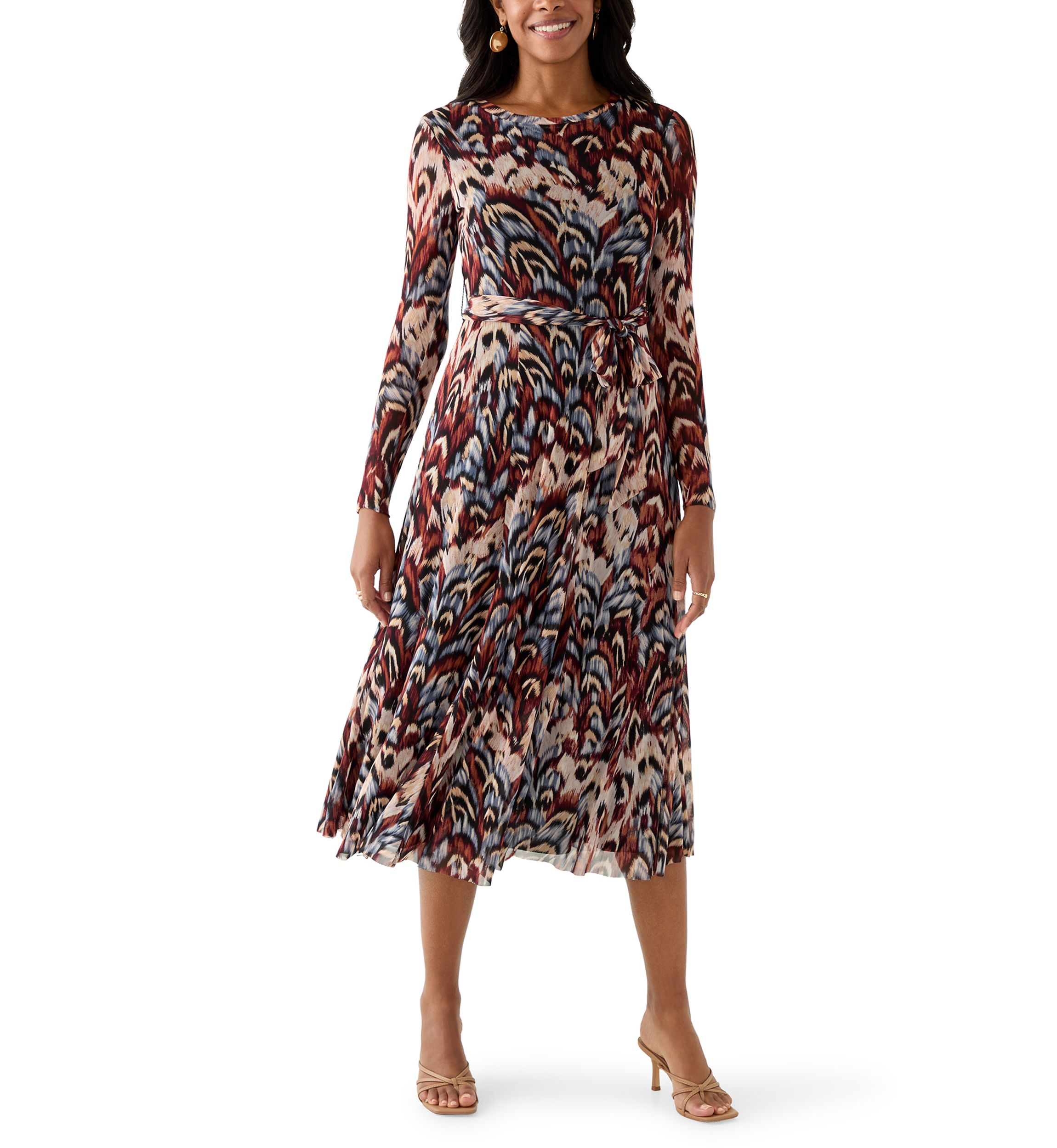 Womens Long Sleeve Crew Neck Printed Mesh Midi Dress