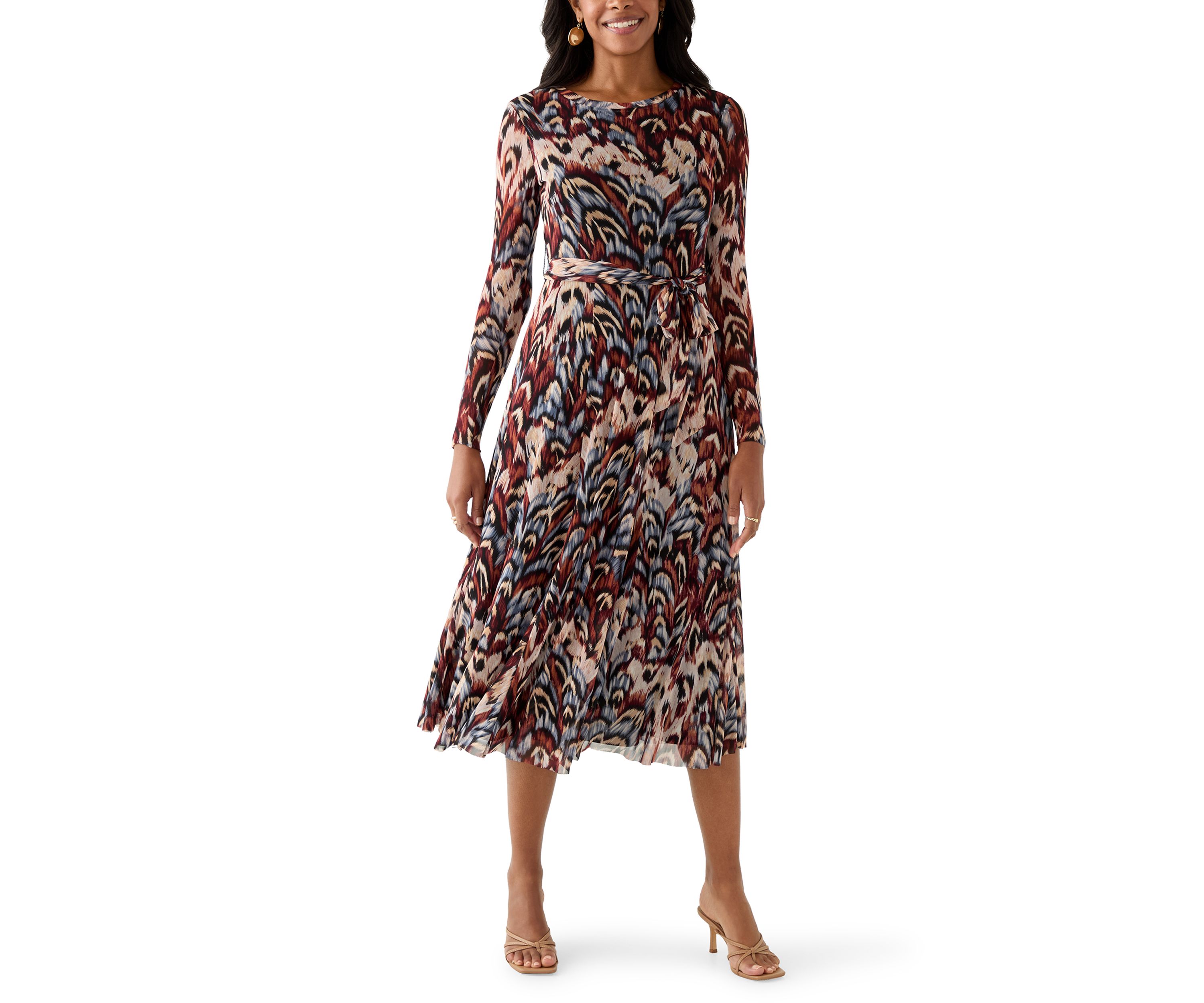 Womens Long Sleeve Crew Neck Printed Mesh Midi Dress