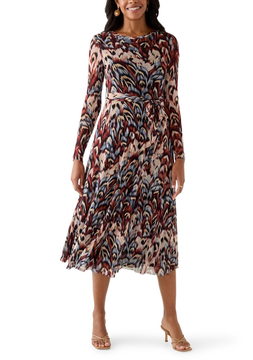 Womens Long Sleeve Crew Neck Printed Mesh Midi Dress
