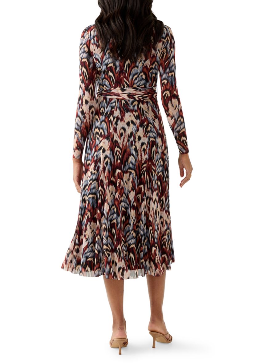Womens Long Sleeve Crew Neck Printed Mesh Midi Dress
