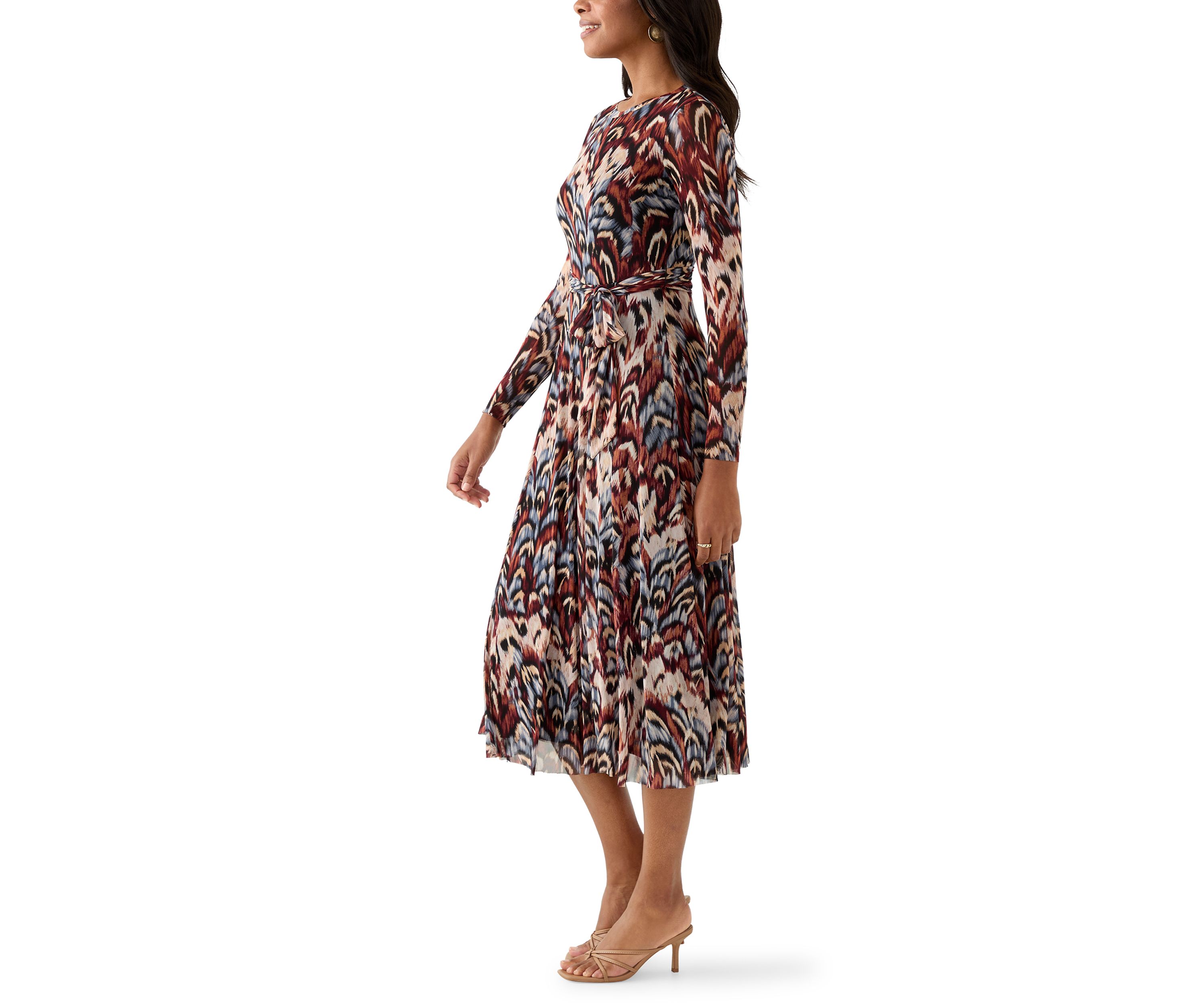 Womens Long Sleeve Crew Neck Printed Mesh Midi Dress