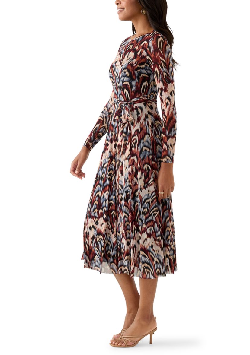Womens Long Sleeve Crew Neck Printed Mesh Midi Dress