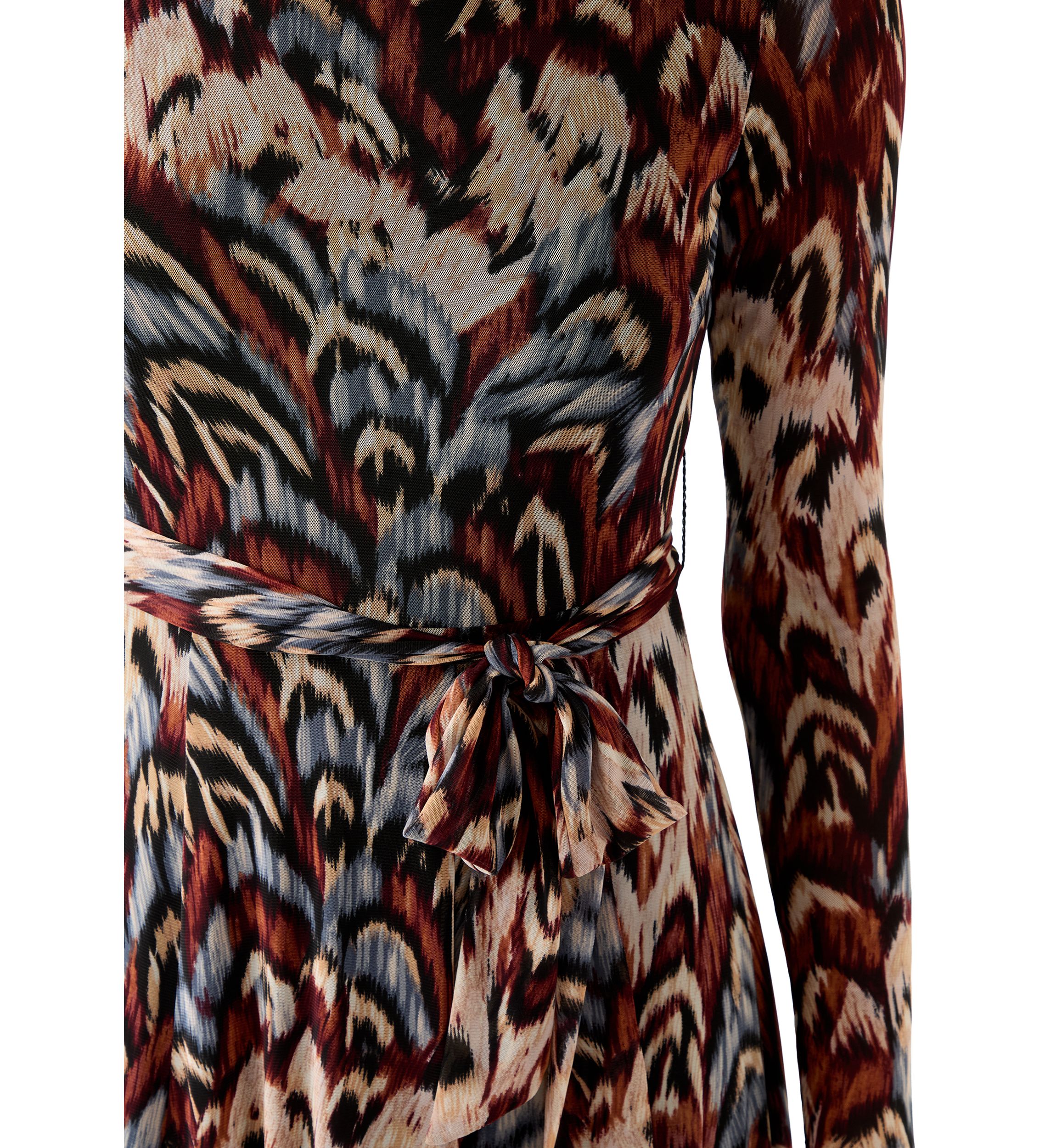 Womens Long Sleeve Crew Neck Printed Mesh Midi Dress