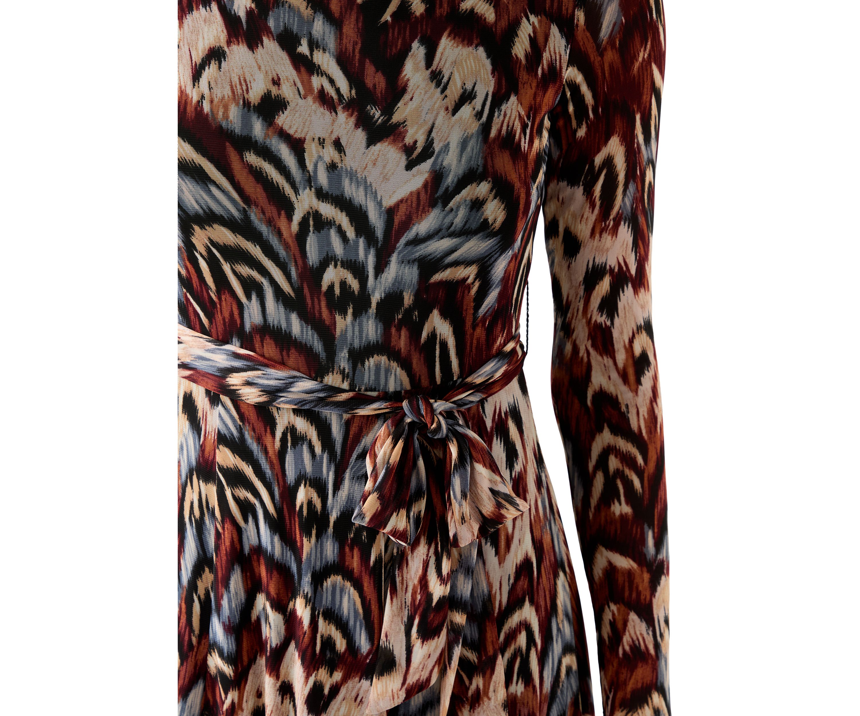 Womens Long Sleeve Crew Neck Printed Mesh Midi Dress