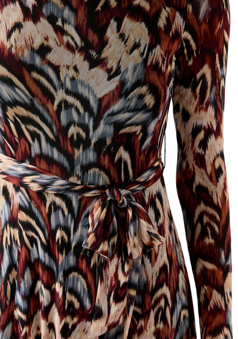 Womens Long Sleeve Crew Neck Printed Mesh Midi Dress