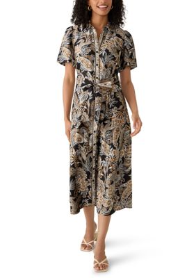 Sandra Darren Women's Short Sleeve Printed Chiffon Shirtdress, Brown, XL