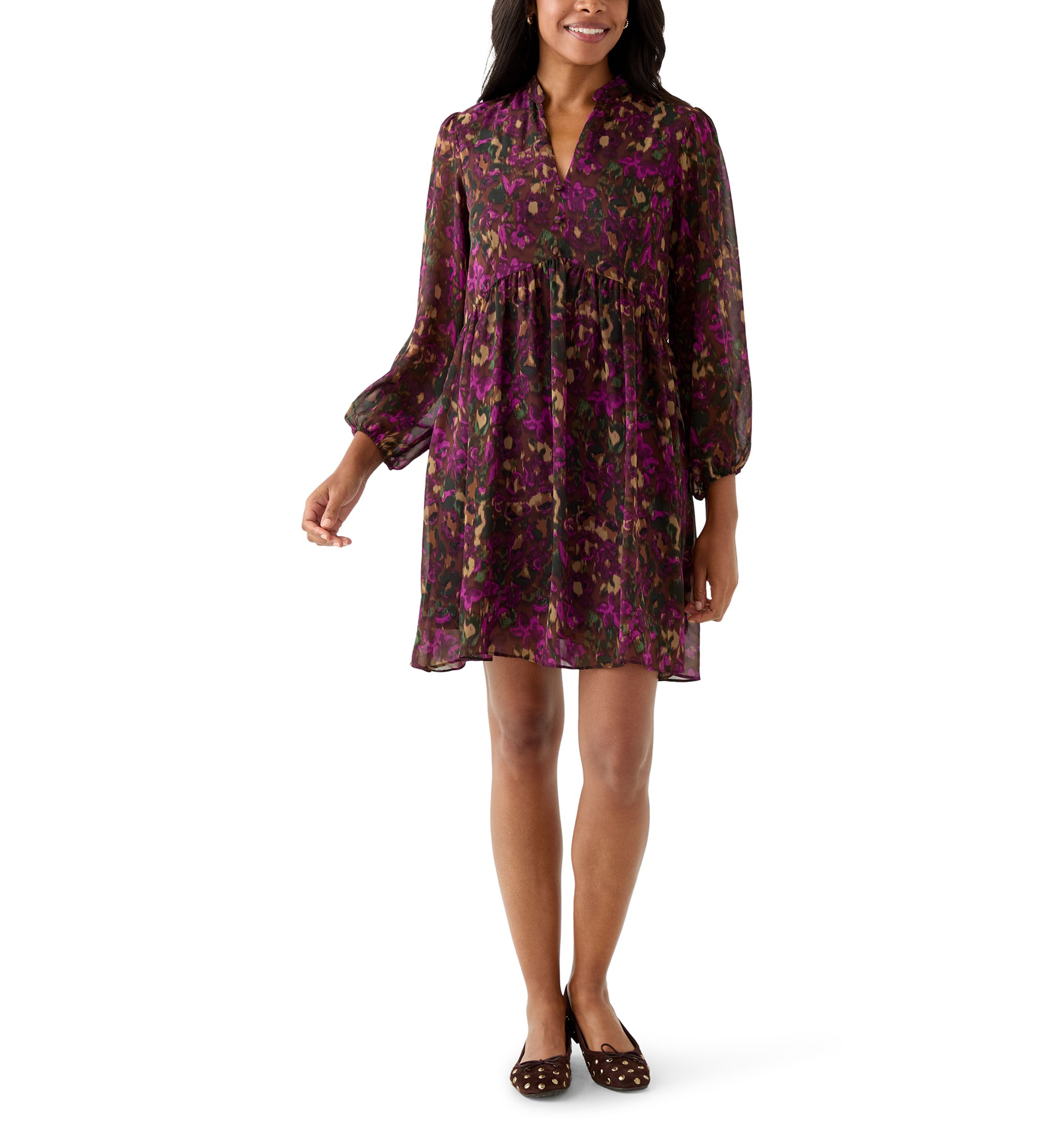 Womens Long Sleeve Mock Neck Floral Chiffon Fit and Flare Mini Dress